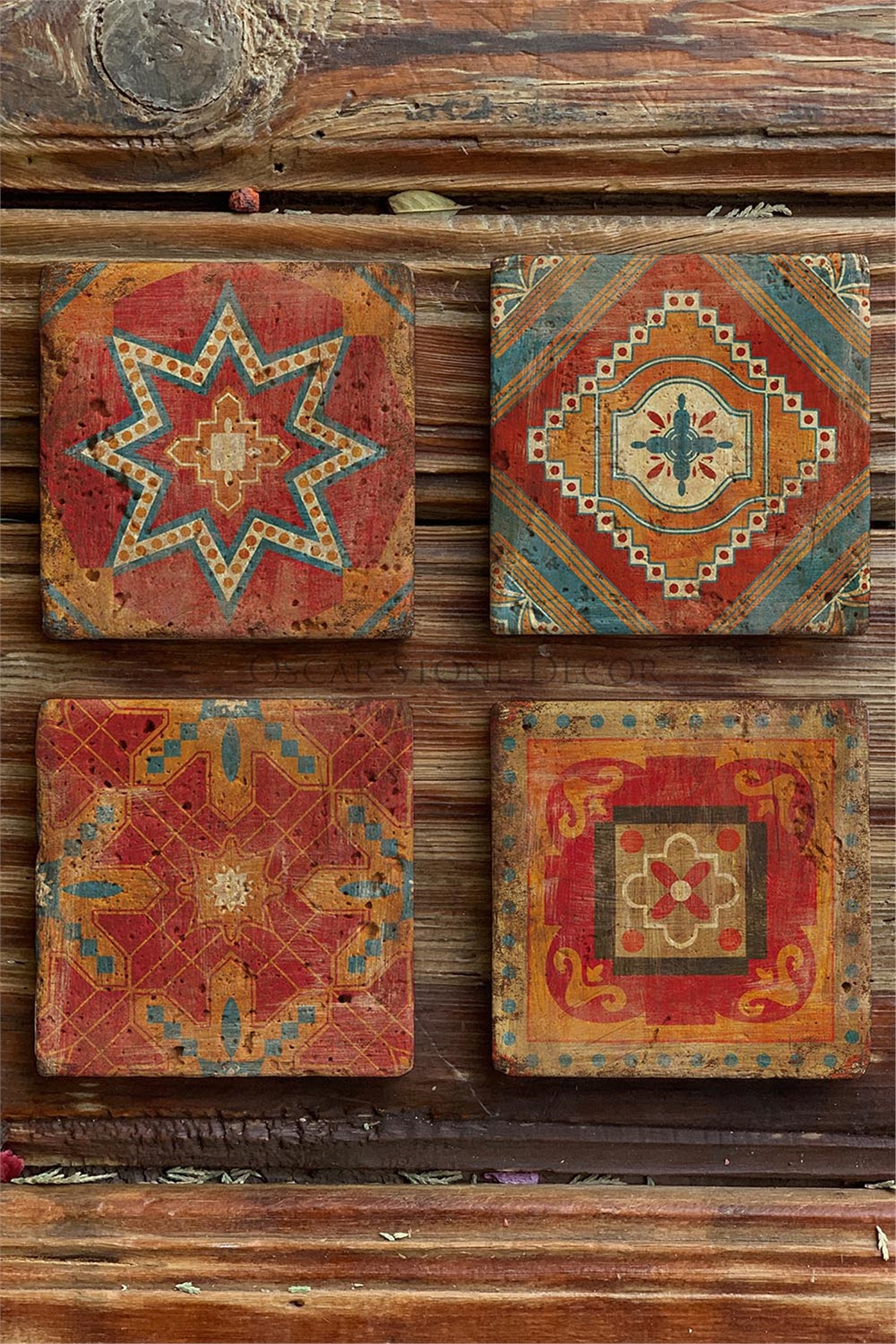 Oscar Stone Decor Baskılı Doğaltaş Bardak Altlığı 4'lü Set Desen Tile