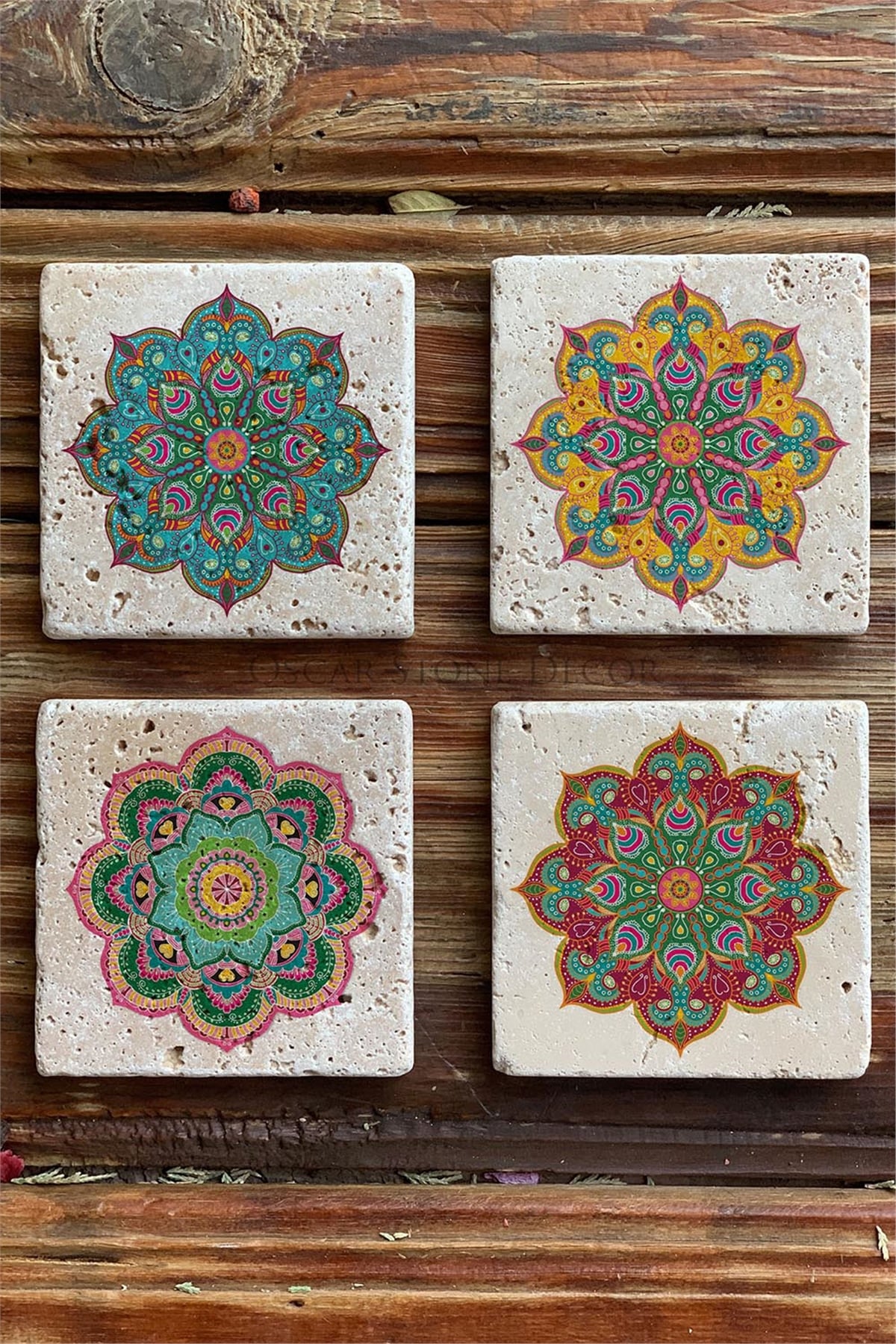 Oscar Stone Decor Baskılı Doğaltaş Bardak Altlığı 4'lü Set Desen Tile