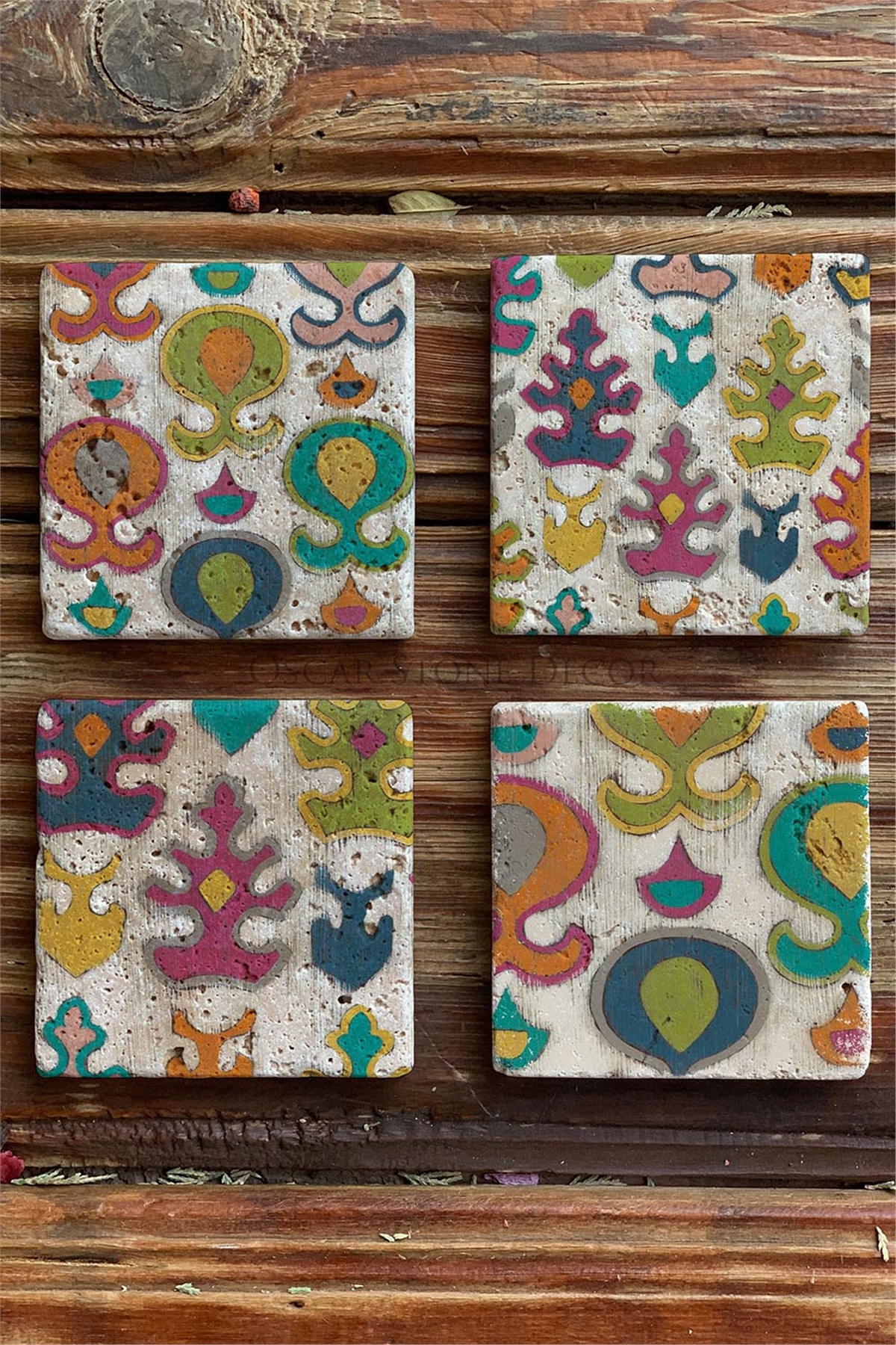 Oscar Stone Decor Baskılı Doğaltaş Bardak Altlığı 4'lü Set Desen Tile