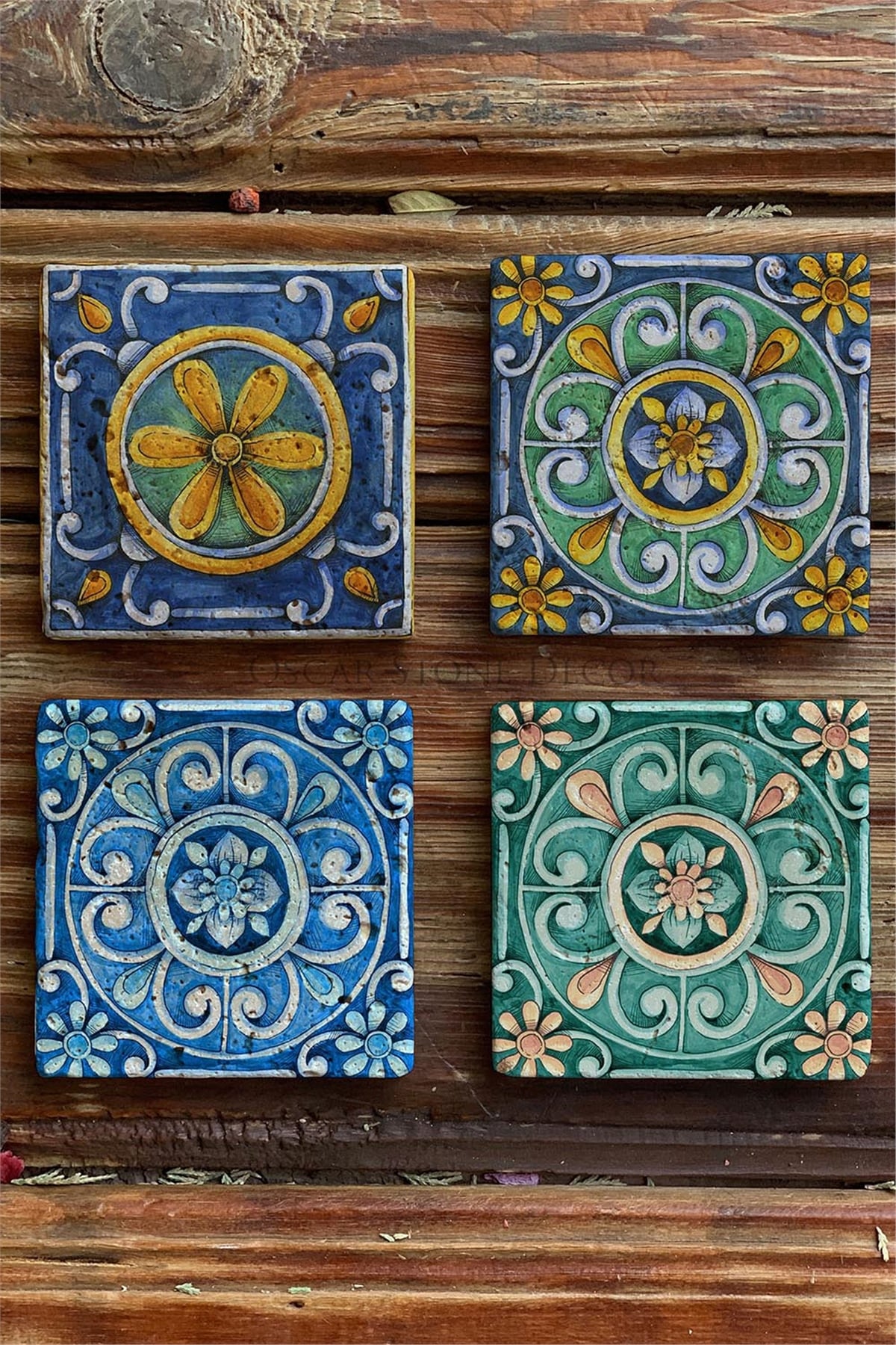 Oscar Stone Decor Baskılı Doğaltaş Bardak Altlığı 4'lü Set Desen Tile