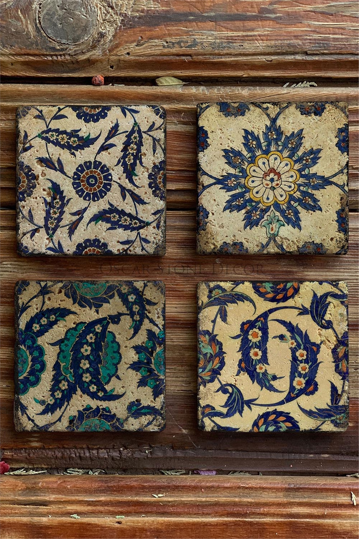 Oscar Stone Decor Baskılı Doğaltaş Bardak Altlığı 4'lü Set Desen Tile