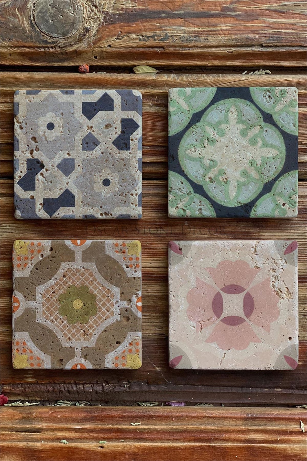 Oscar Stone Decor Baskılı Doğaltaş Bardak Altlığı 4'lü Set Desen Tile