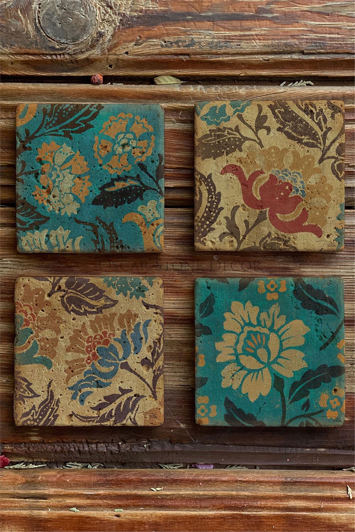 Oscar Stone Decor Baskılı Doğaltaş Bardak Altlığı 4'lü Set Desen Tile