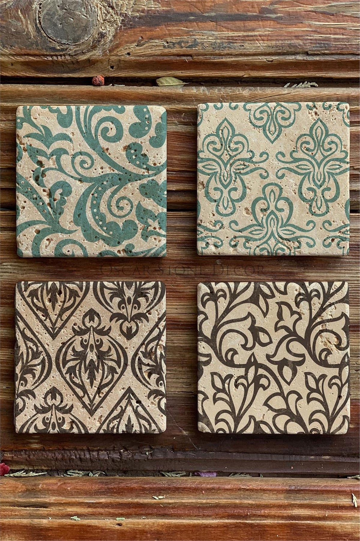 Oscar Stone Decor Baskılı Doğaltaş Bardak Altlığı 4'lü Set Desen Tile