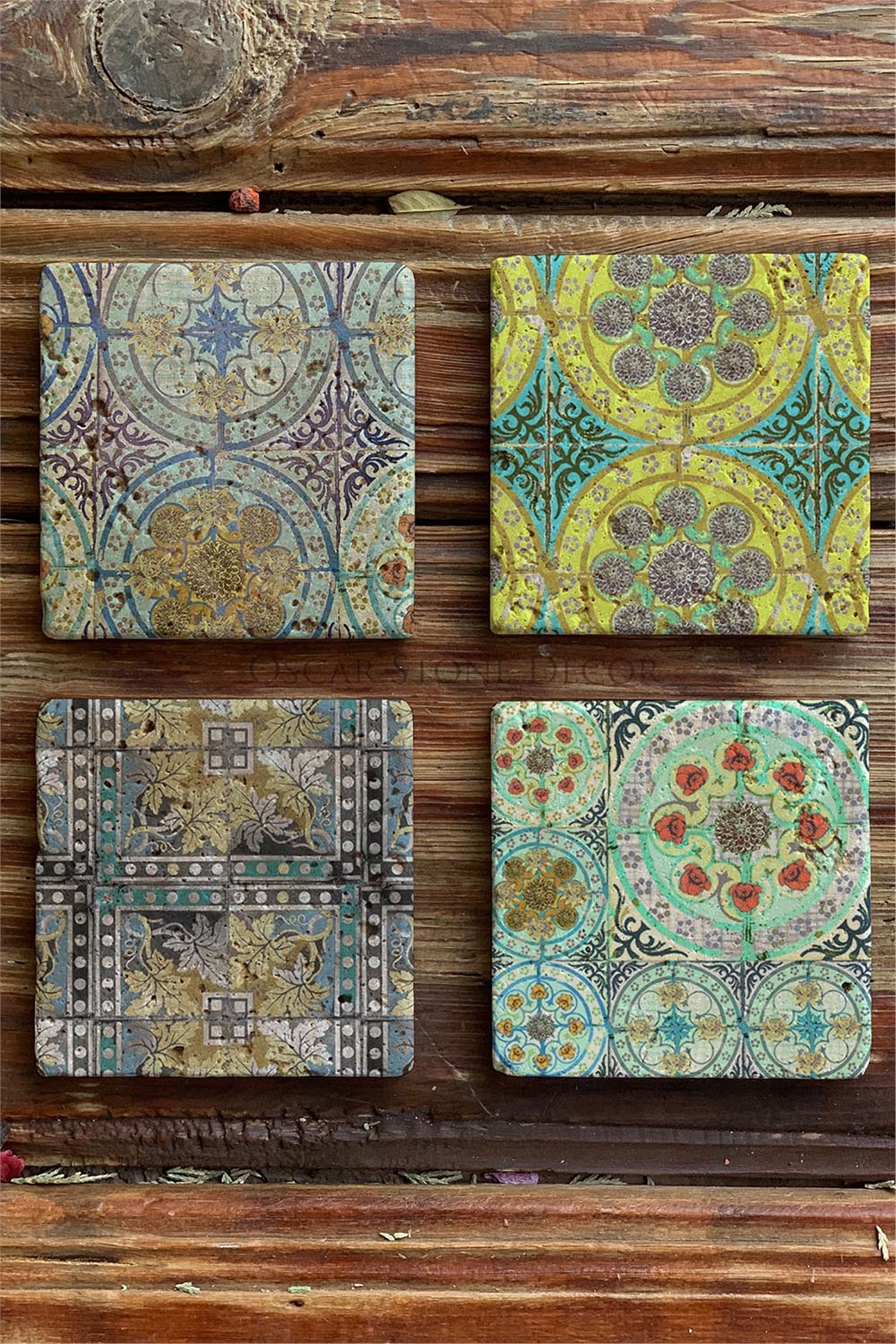 Oscar Stone Decor Baskılı Doğaltaş Bardak Altlığı 4'lü Set Desen Tile
