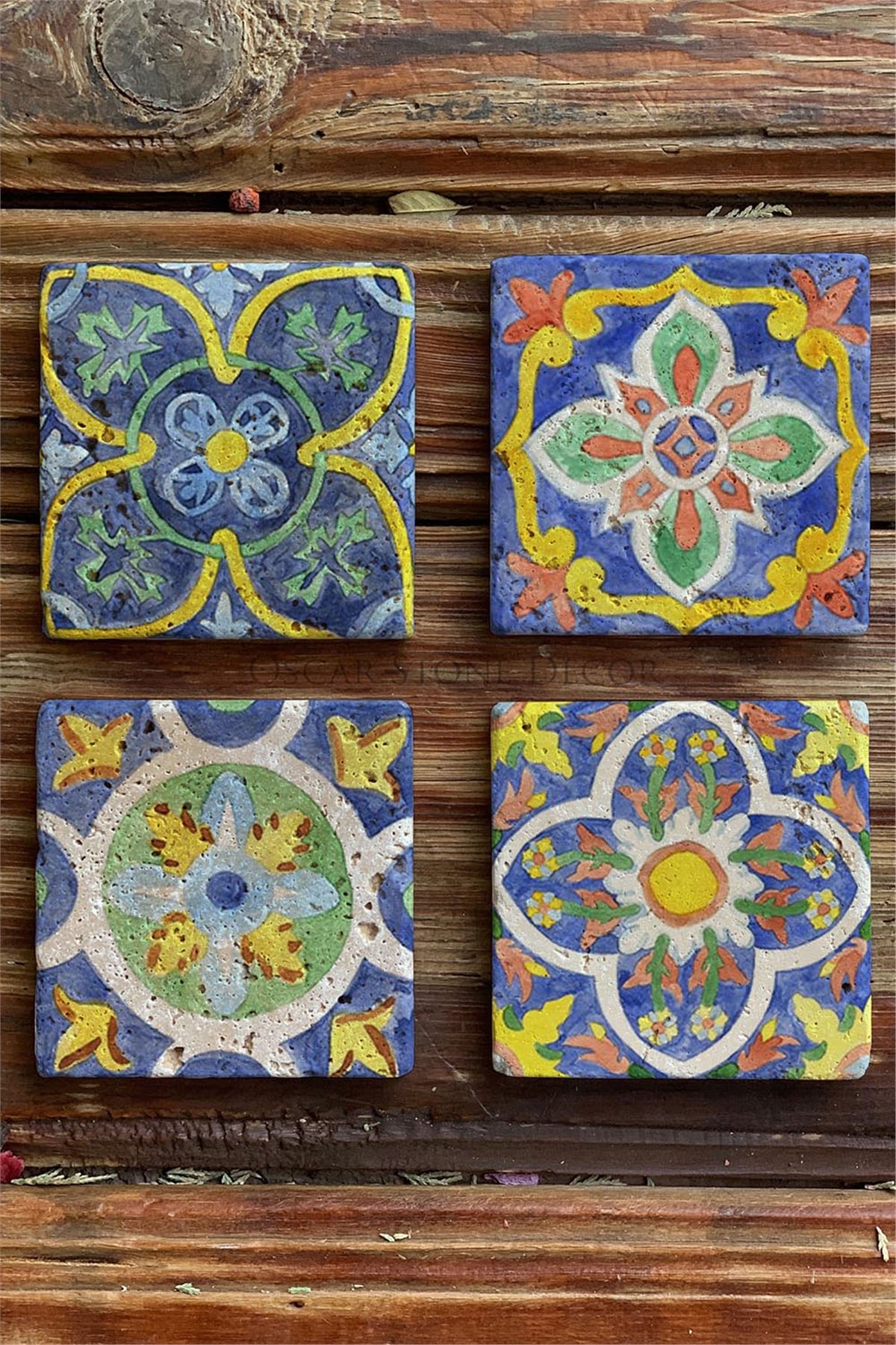 Oscar Stone Decor Baskılı Doğaltaş Bardak Altlığı 4'lü Set Desen Tile