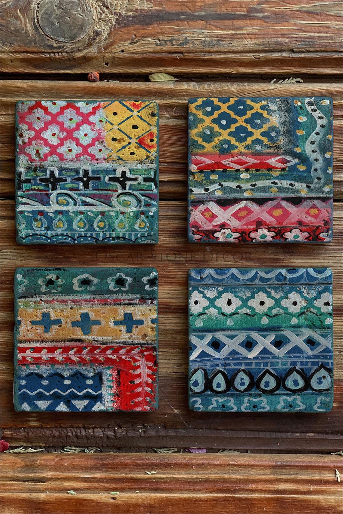 Oscar Stone Decor Baskılı Doğaltaş Bardak Altlığı 4'lü Set Desen Tile