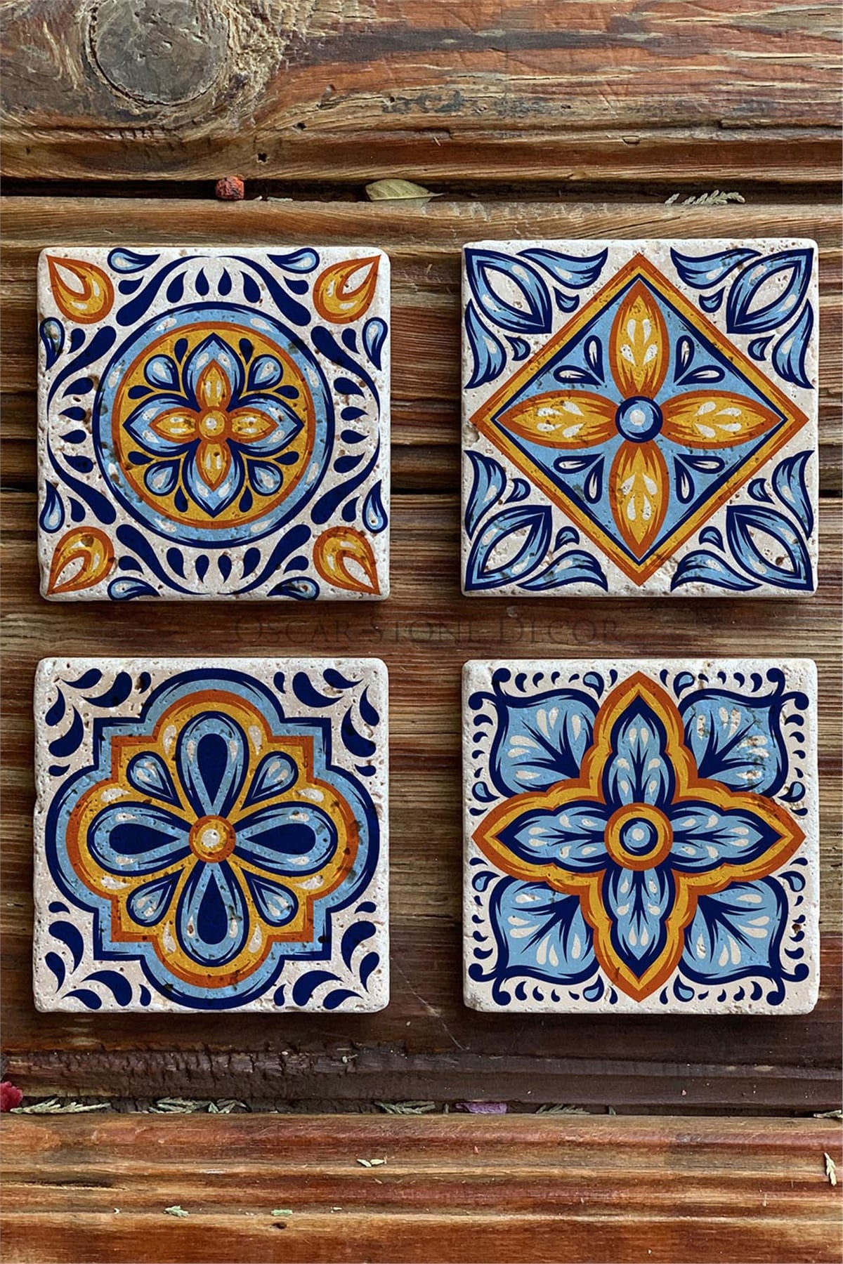 Oscar Stone Decor Baskılı Doğaltaş Bardak Altlığı 4'lü Set Desen Tile