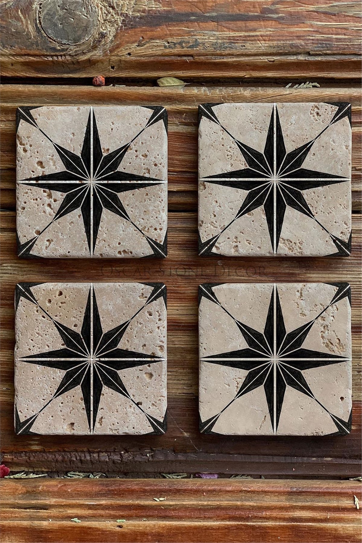 Oscar Stone Decor Baskılı Doğaltaş Bardak Altlığı 4'lü Set Desen Tile