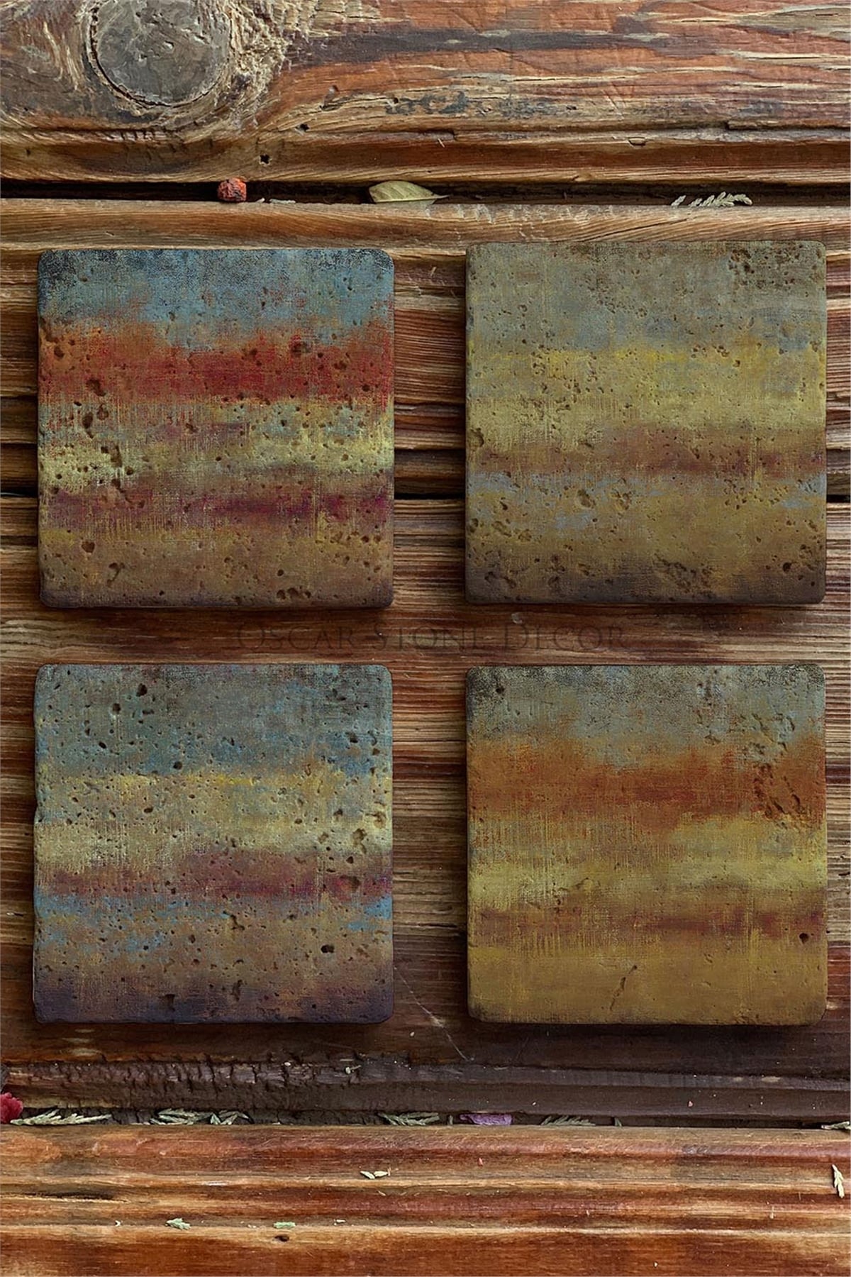 Oscar Stone Decor Baskılı Doğaltaş Bardak Altlığı 4'lü Set Desen Tile