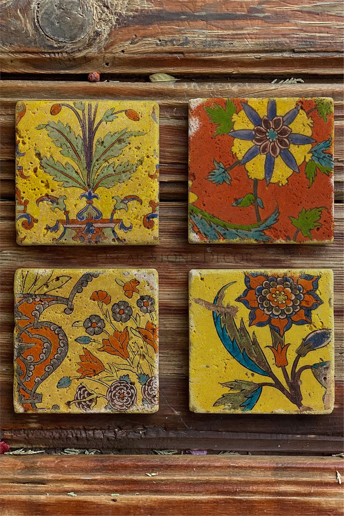Oscar Stone Decor Baskılı Doğaltaş Bardak Altlığı 4'lü Set Desen Tile
