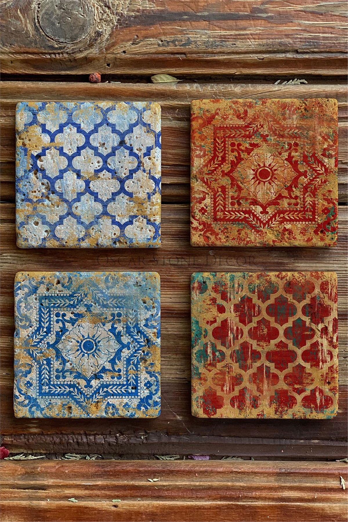 Oscar Stone Decor Baskılı Doğaltaş Bardak Altlığı 4'lü Set Desen Tile
