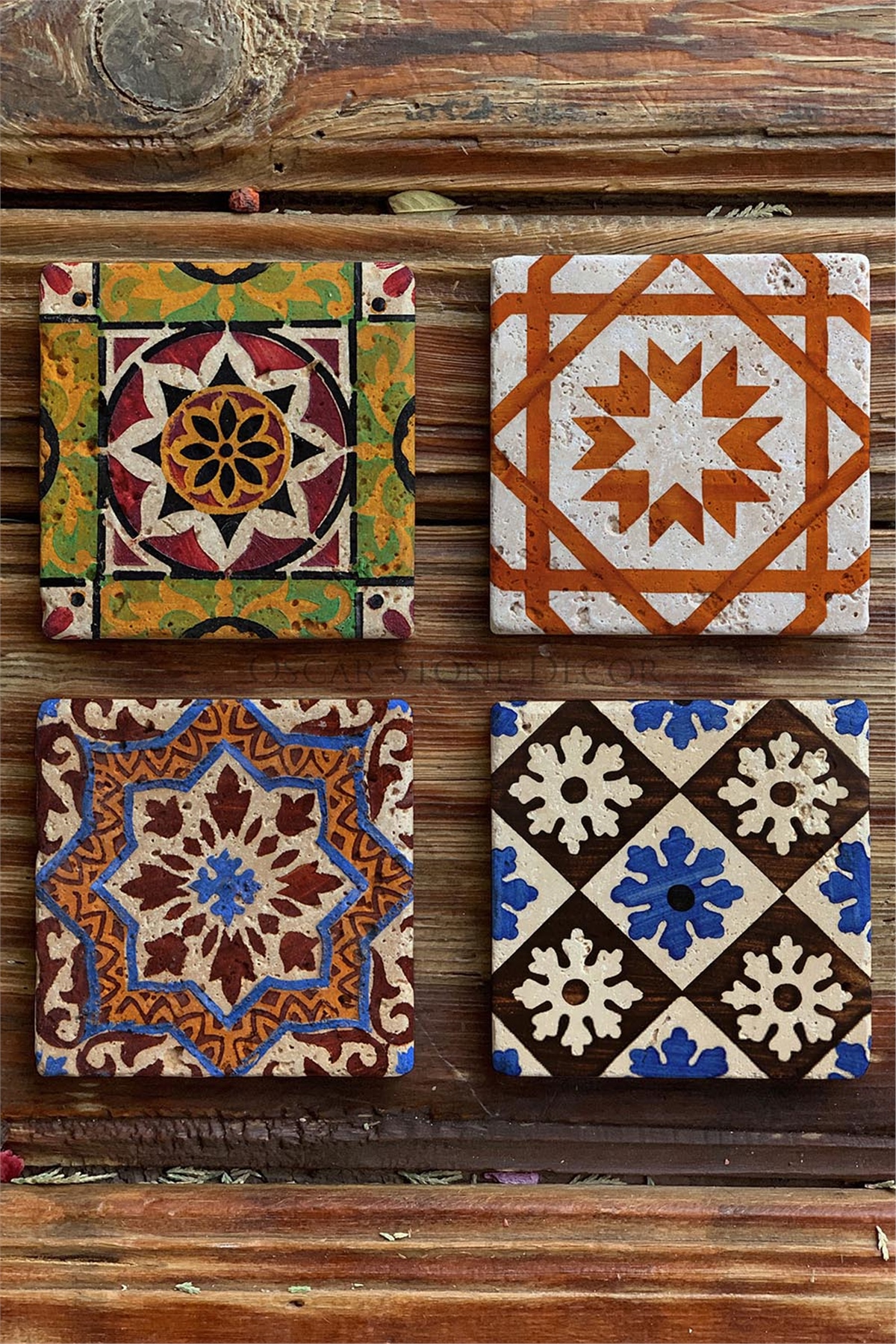 Oscar Stone Decor Baskılı Doğaltaş Bardak Altlığı 4'lü Set Desen Tile