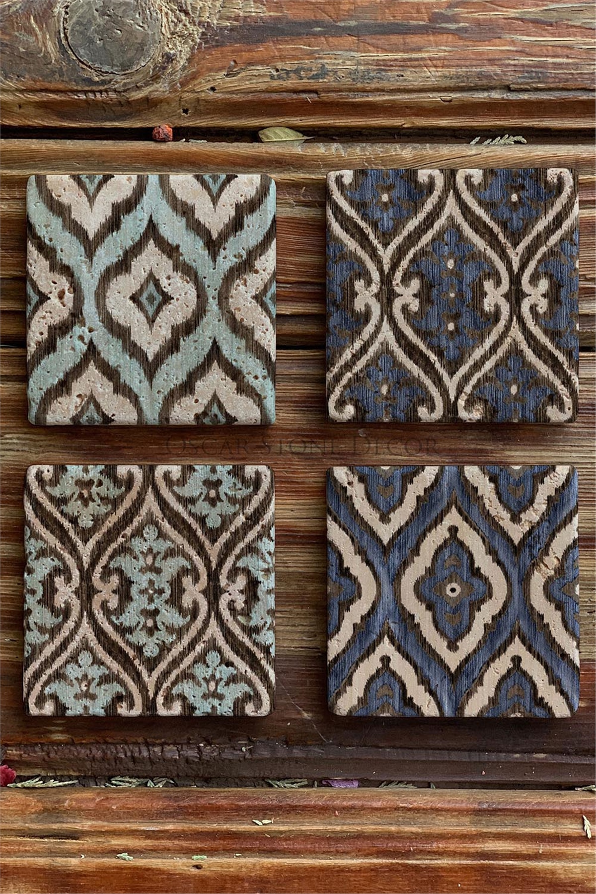 Oscar Stone Decor Baskılı Doğaltaş Bardak Altlığı 4'lü Set Desen Tile