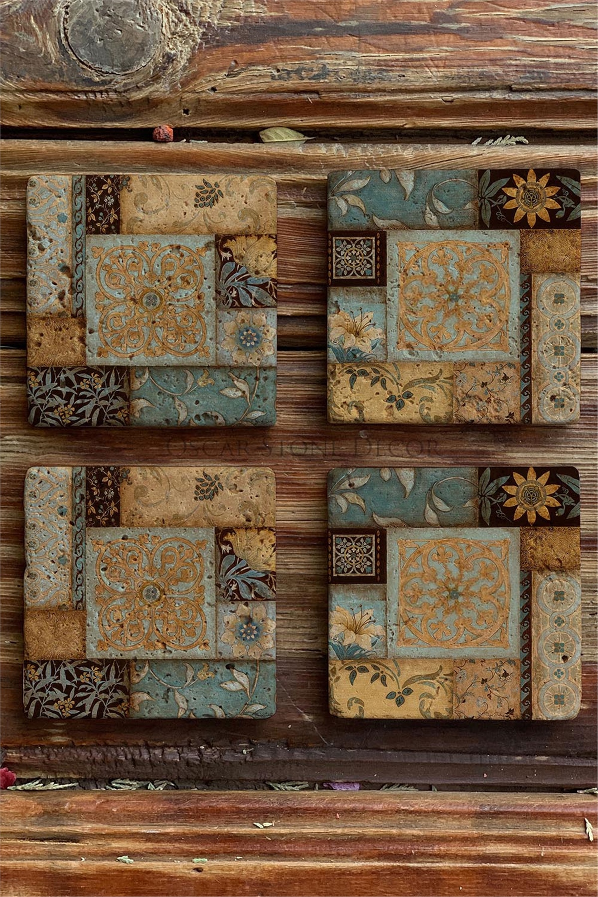 Oscar Stone Decor Baskılı Doğaltaş Bardak Altlığı 4'lü Set Desen Tile