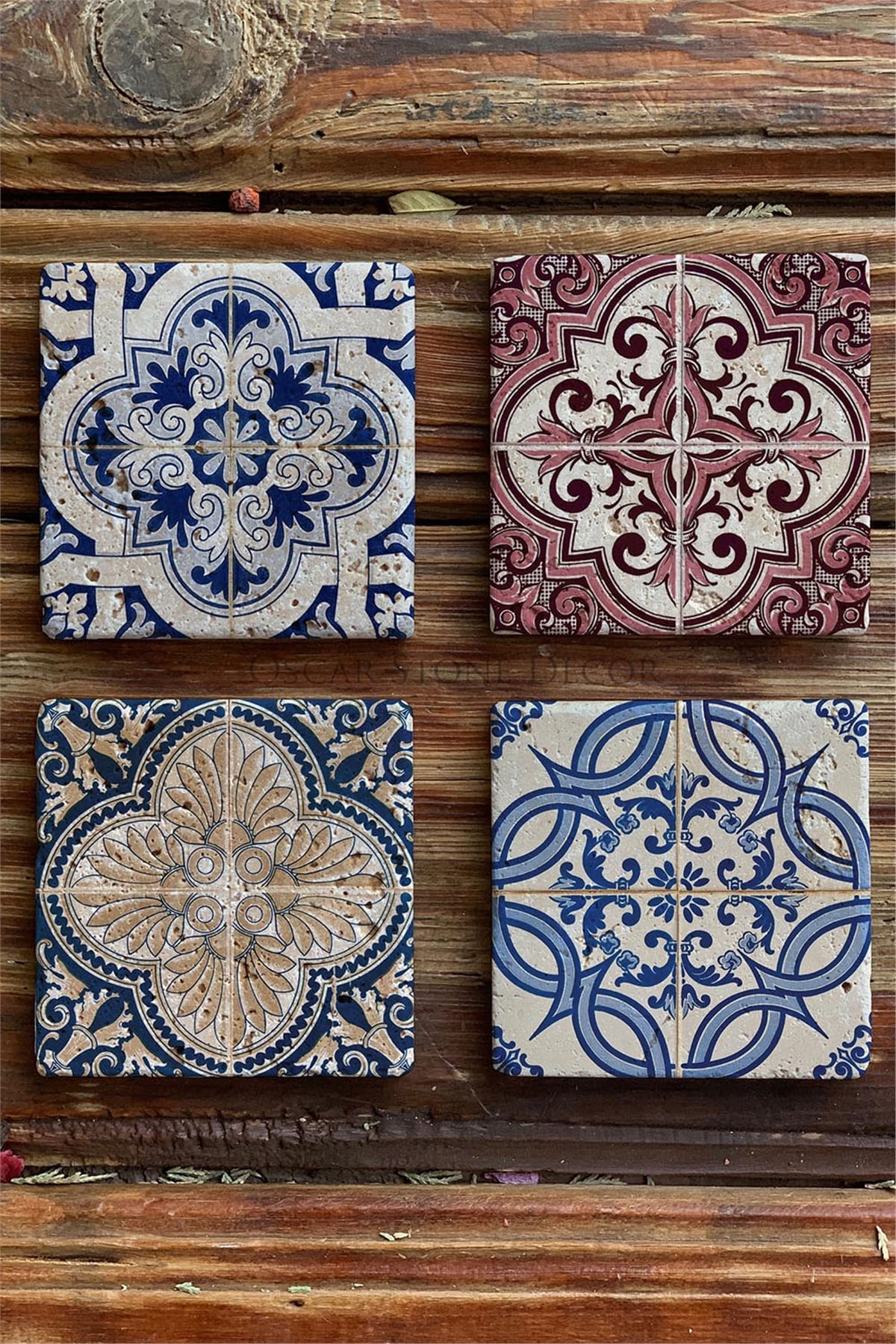 Oscar Stone Decor Baskılı Doğaltaş Bardak Altlığı 4'lü Set Desen Tile
