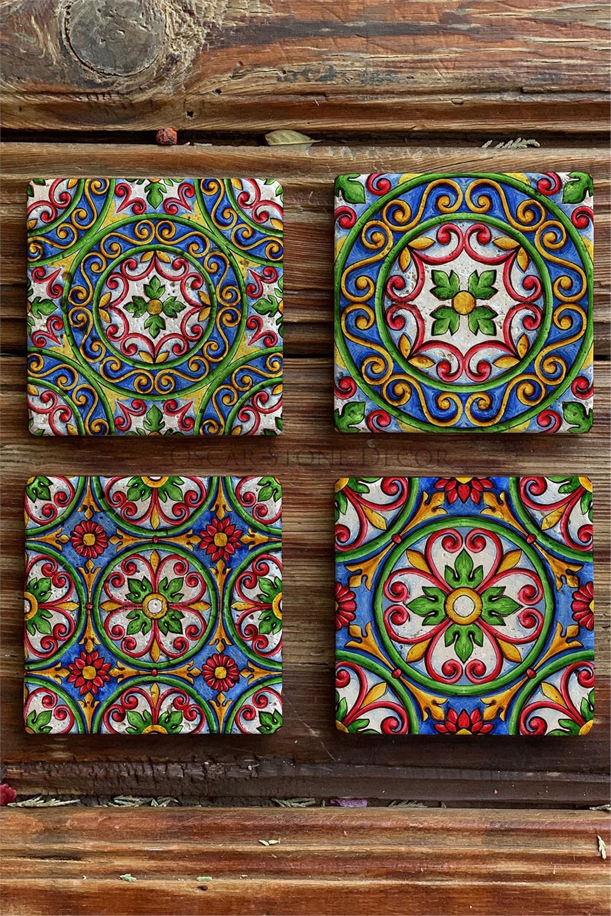Oscar Stone Decor Baskılı Doğaltaş Bardak Altlığı 4'lü Set Desen Tile