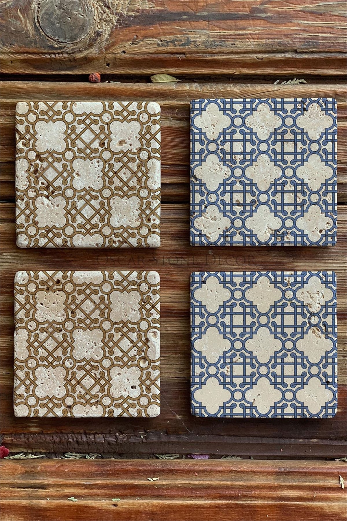 Oscar Stone Decor Baskılı Doğaltaş Bardak Altlığı 4'lü Set Desen Tile