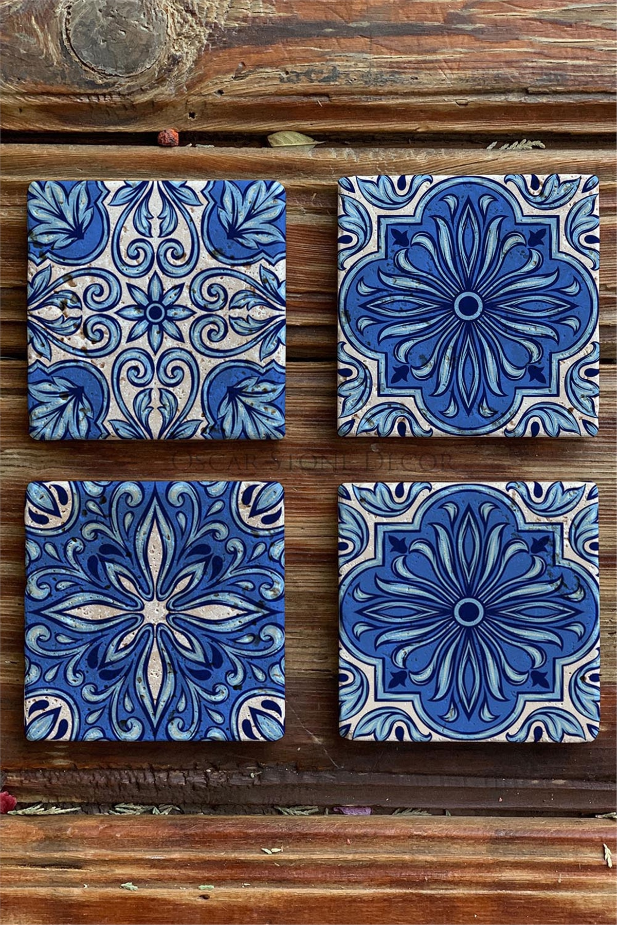 Oscar Stone Decor Baskılı Doğaltaş Bardak Altlığı 4'lü Set Desen Tile