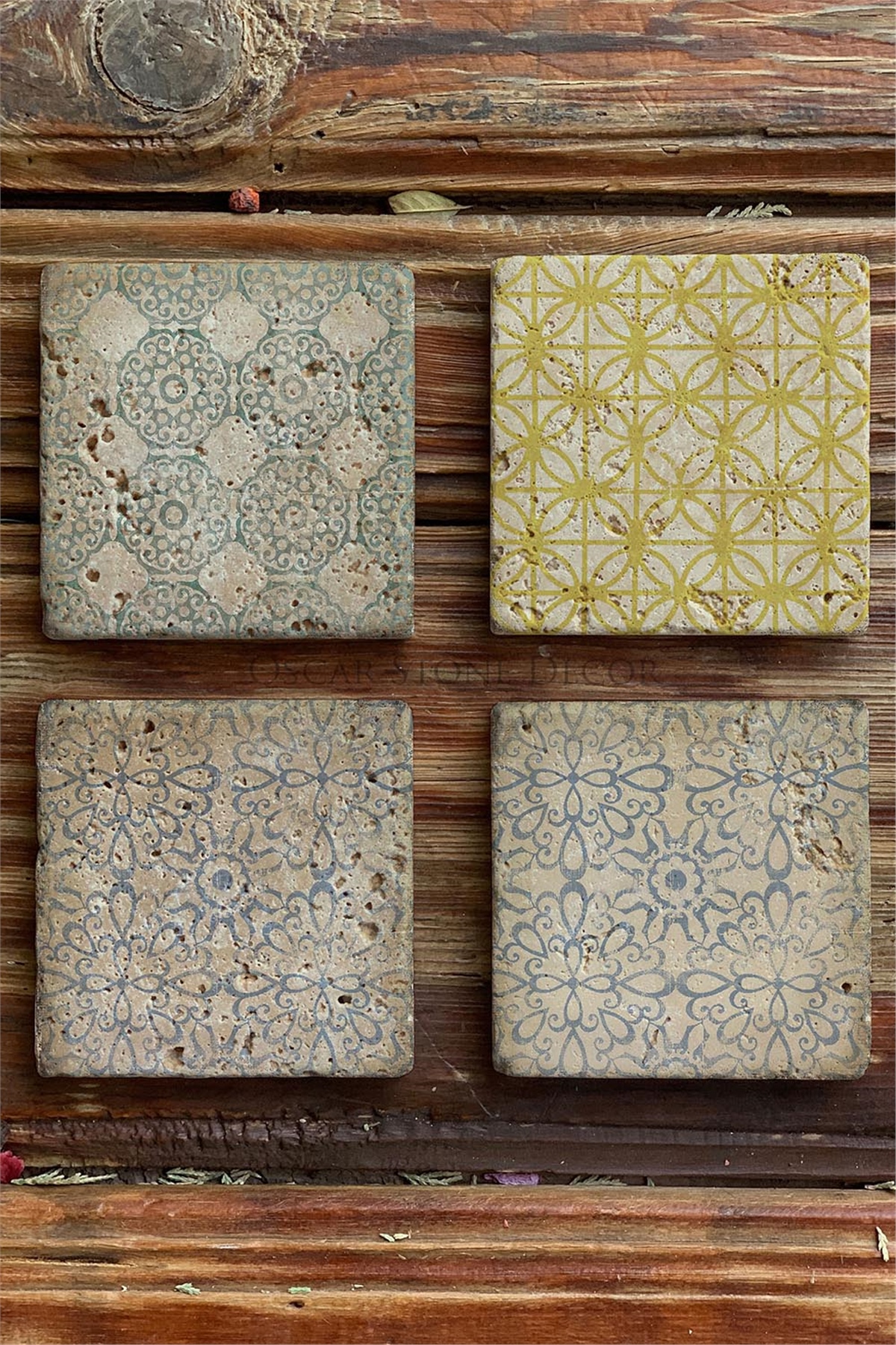 Oscar Stone Decor Baskılı Doğaltaş Bardak Altlığı 4'lü Set Desen Tile