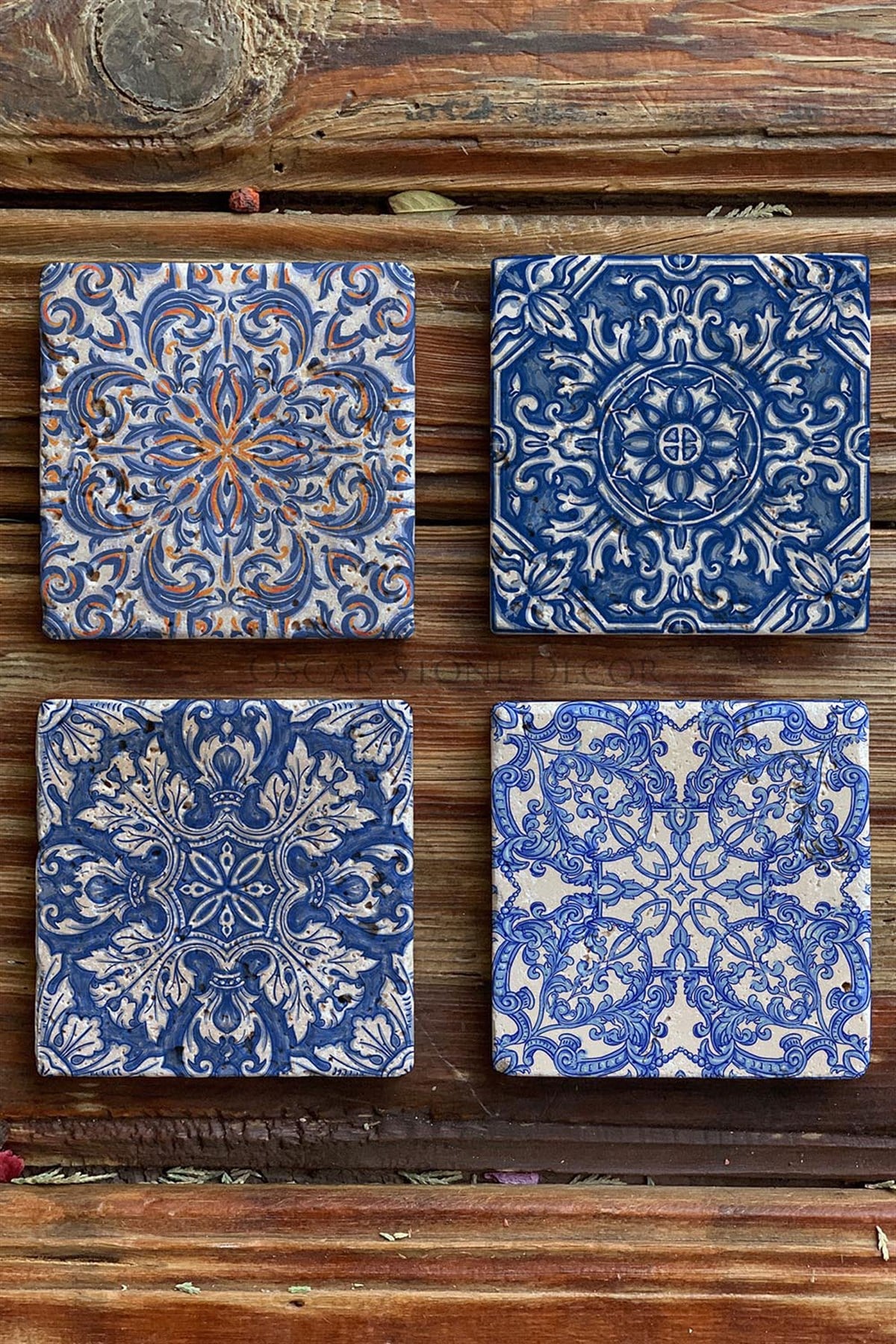 Oscar Stone Decor Baskılı Doğaltaş Bardak Altlığı 4'lü Set Desen Tile