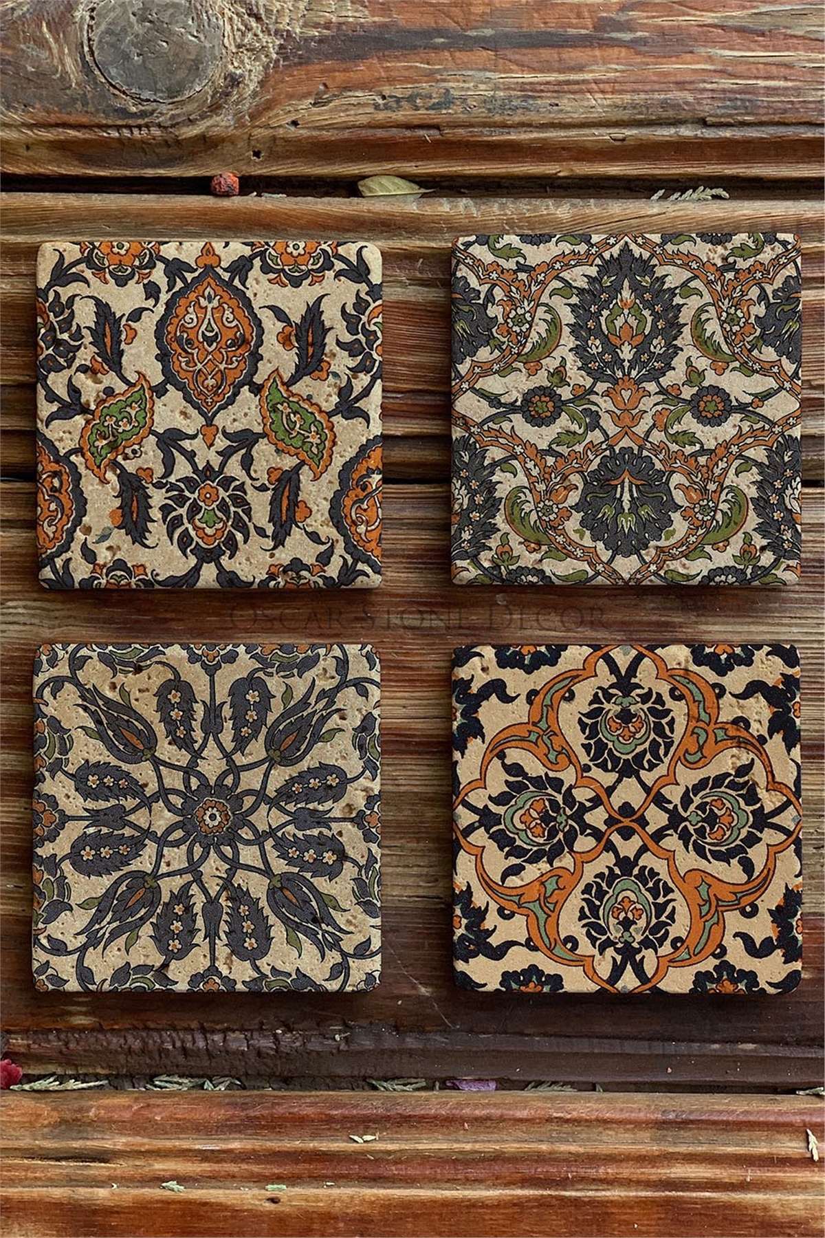 Oscar Stone Decor Baskılı Doğaltaş Bardak Altlığı 4'lü Set Desen Tile