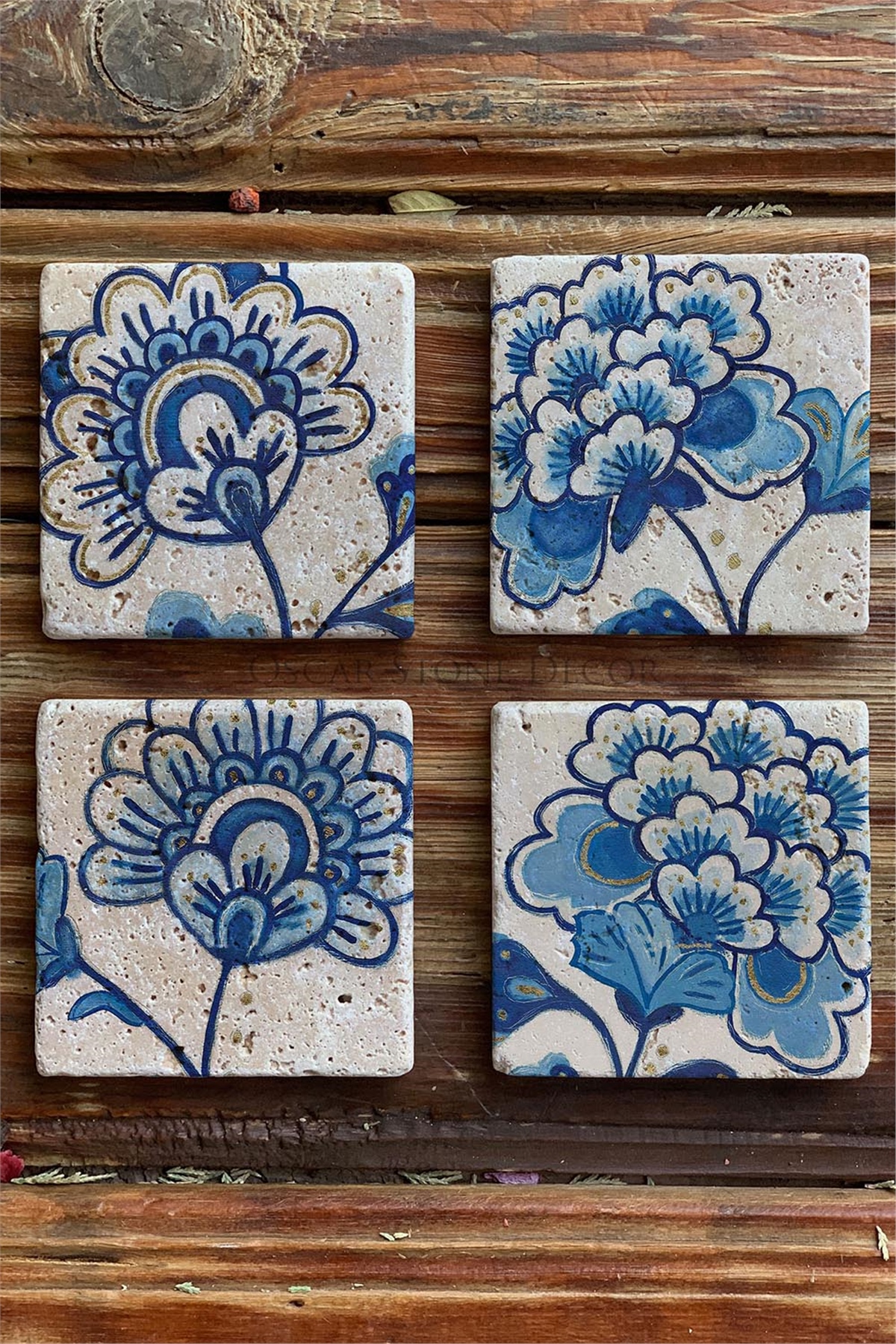 Oscar Stone Decor Baskılı Doğaltaş Bardak Altlığı 4'lü Set Desen Tile