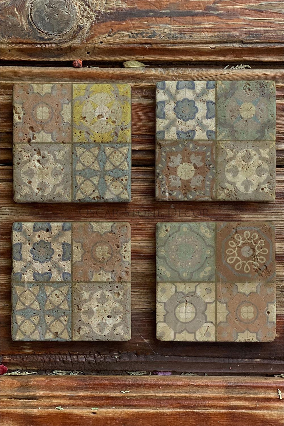 Oscar Stone Decor Baskılı Doğaltaş Bardak Altlığı 4'lü Set Desen Tile