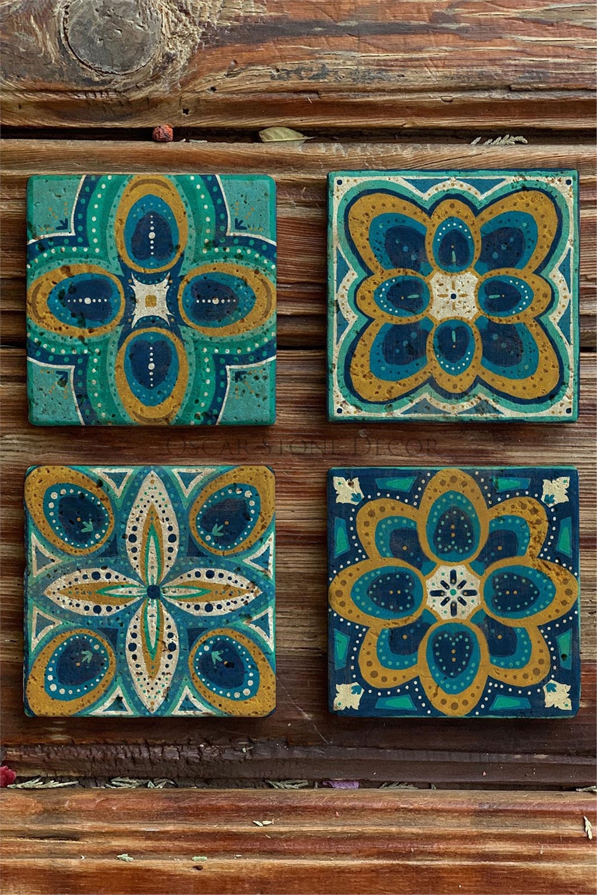 Oscar Stone Decor Baskılı Doğaltaş Bardak Altlığı 4'lü Set Desen Tile