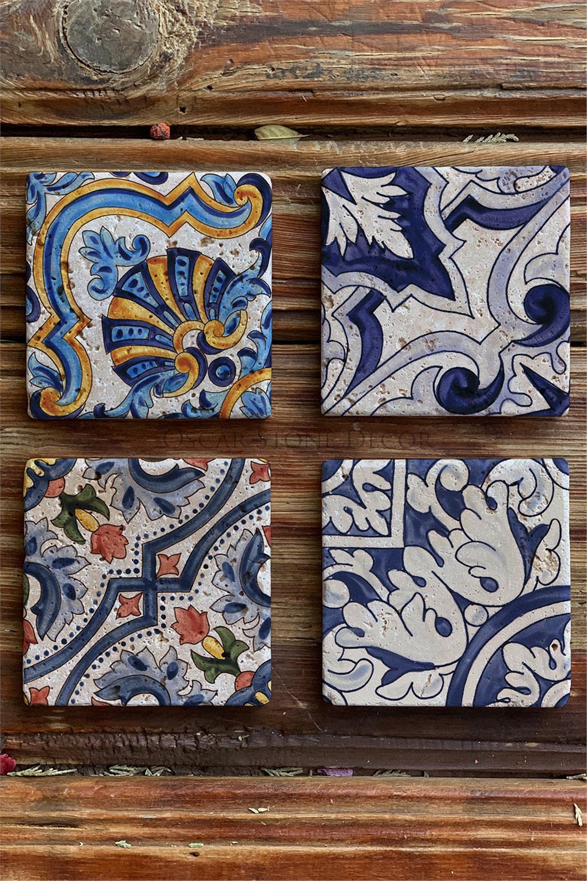 Oscar Stone Decor Baskılı Doğaltaş Bardak Altlığı 4'lü Set Desen Tile