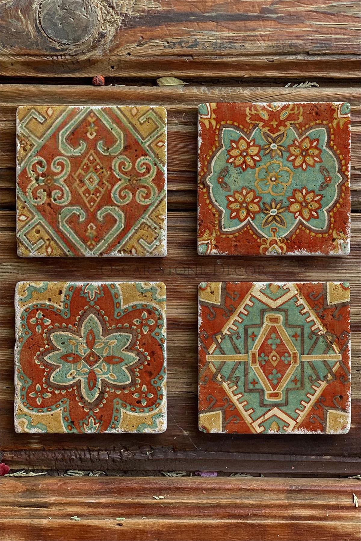 Oscar Stone Decor Baskılı Doğaltaş Bardak Altlığı 4'lü Set Desen Tile