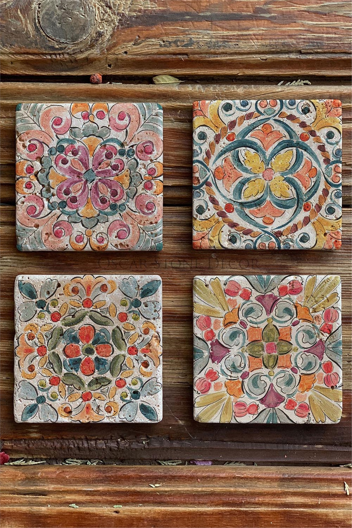 Oscar Stone Decor Baskılı Doğaltaş Bardak Altlığı 4'lü Set Desen Tile