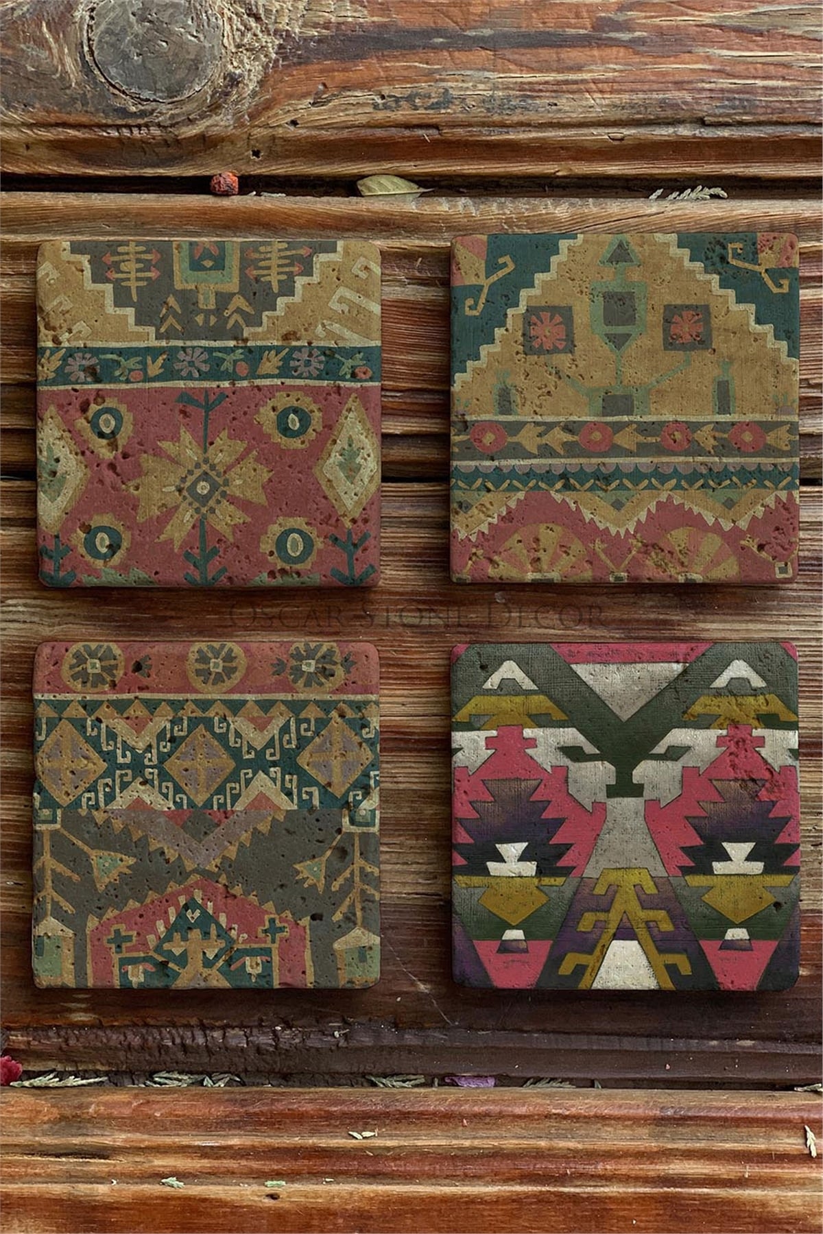Oscar Stone Decor Baskılı Doğaltaş Bardak Altlığı 4'lü Set Desen Tile