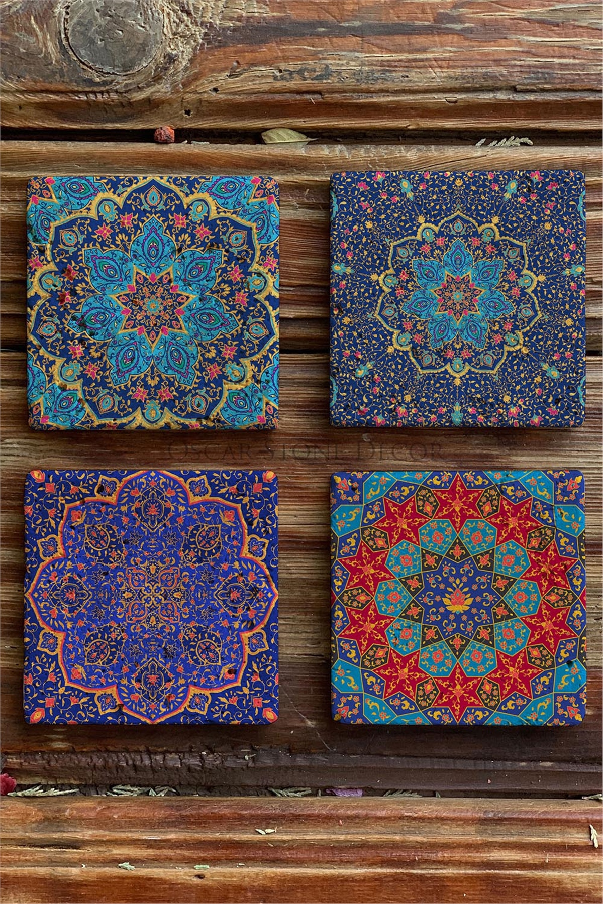 Oscar Stone Decor Baskılı Doğaltaş Bardak Altlığı 4'lü Set Desen Tile
