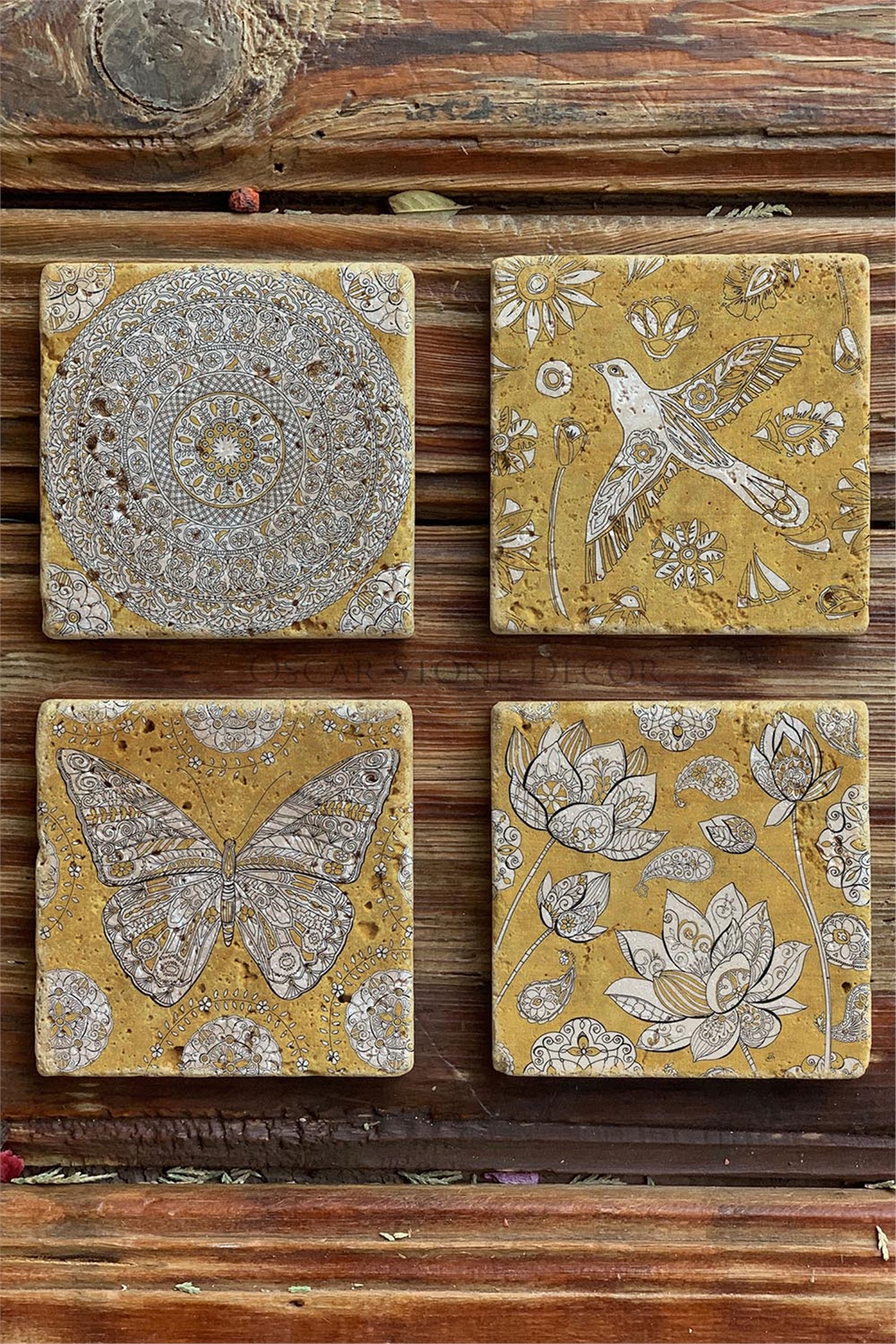 Oscar Stone Decor Baskılı Doğaltaş Bardak Altlığı 4'lü Set Desen Tile