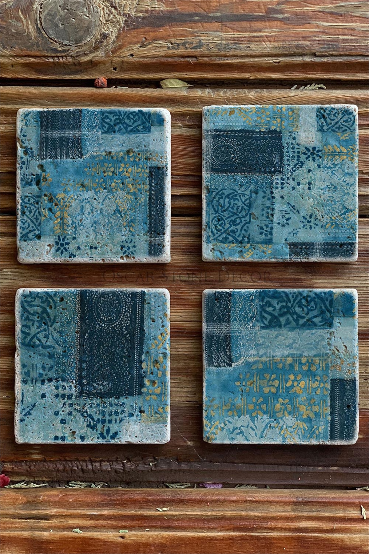 Oscar Stone Decor Baskılı Doğaltaş Bardak Altlığı 4'lü Set Desen Tile