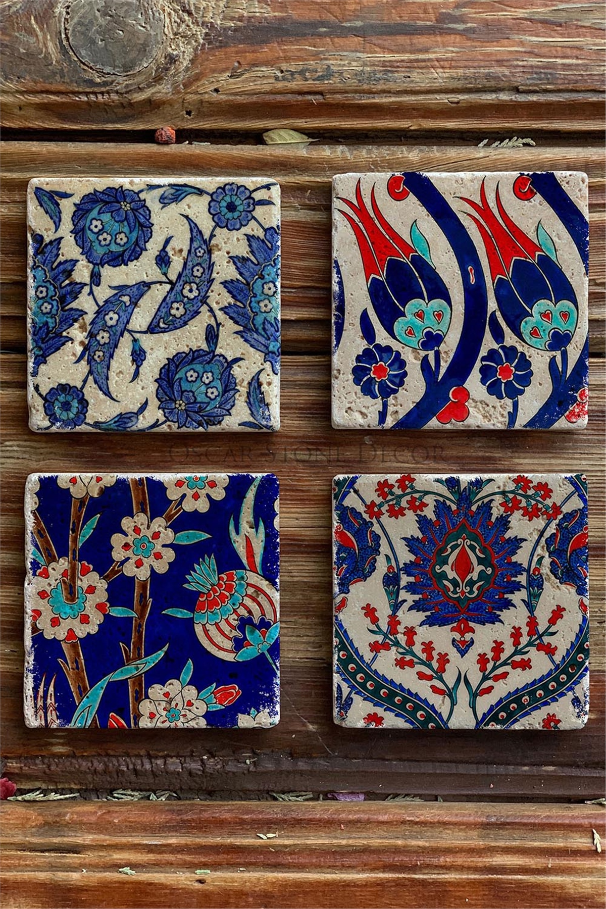 Oscar Stone Decor Baskılı Doğaltaş Bardak Altlığı 4'lü Set Desen Tile