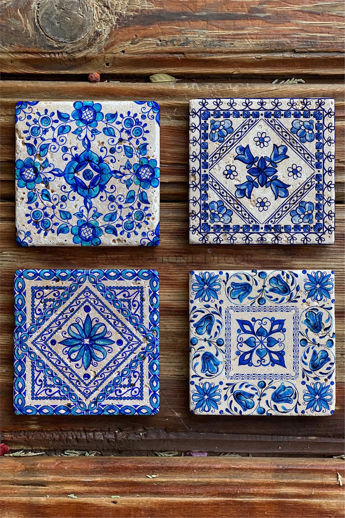 Oscar Stone Decor Baskılı Doğaltaş Bardak Altlığı 4'lü Set Desen Tile