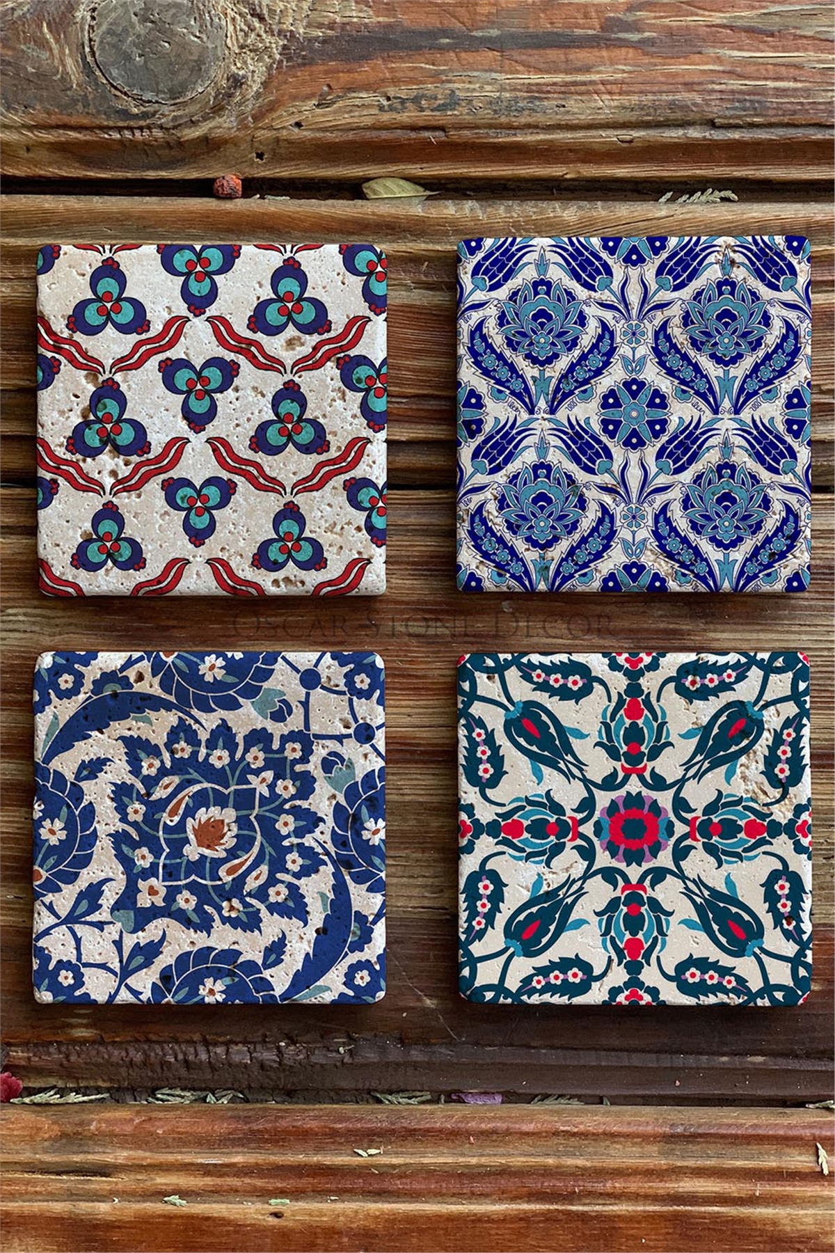 Oscar Stone Decor Baskılı Doğaltaş Bardak Altlığı 4'lü Set Desen Tile