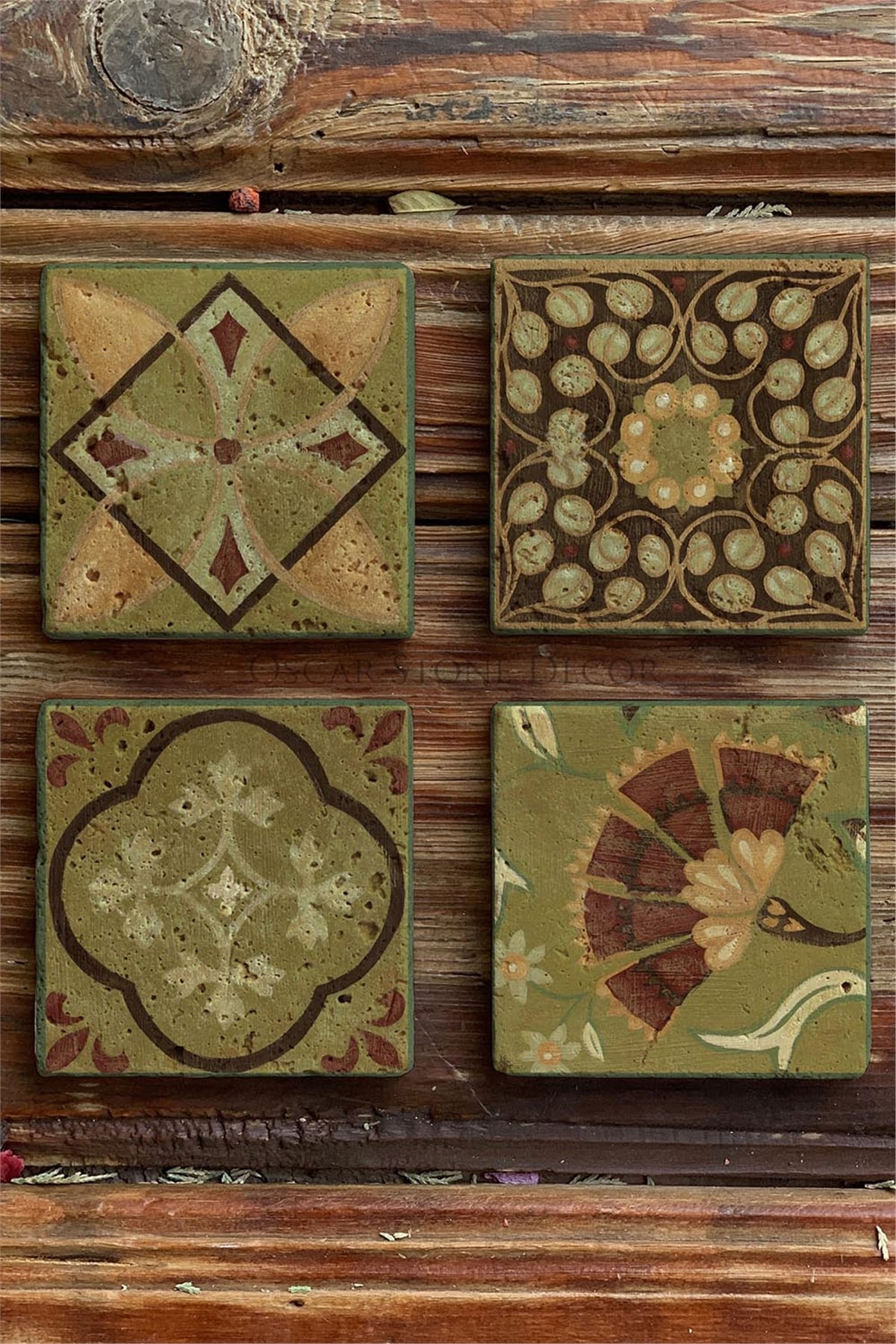 Oscar Stone Decor Baskılı Doğaltaş Bardak Altlığı 4'lü Set Desen Tile