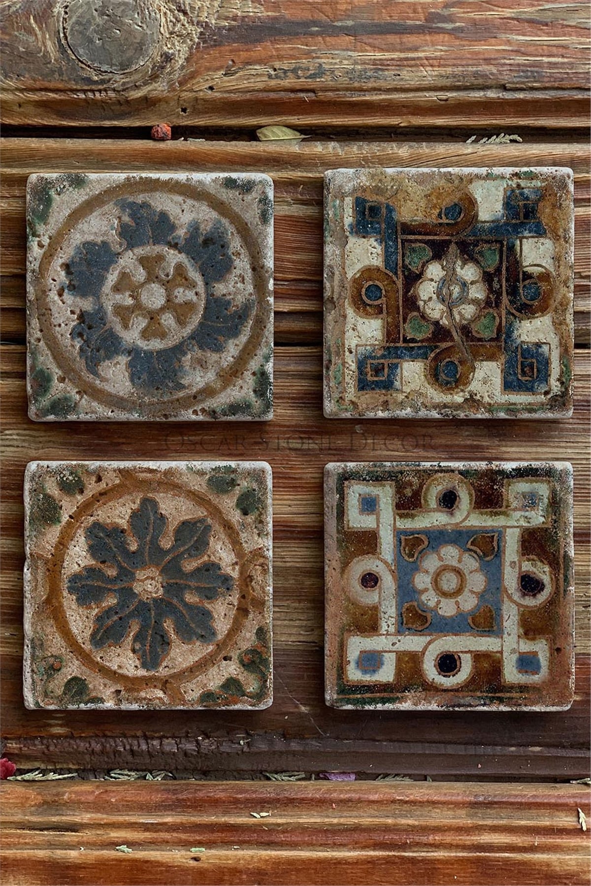 Oscar Stone Decor Baskılı Doğaltaş Bardak Altlığı 4'lü Set Desen Tile