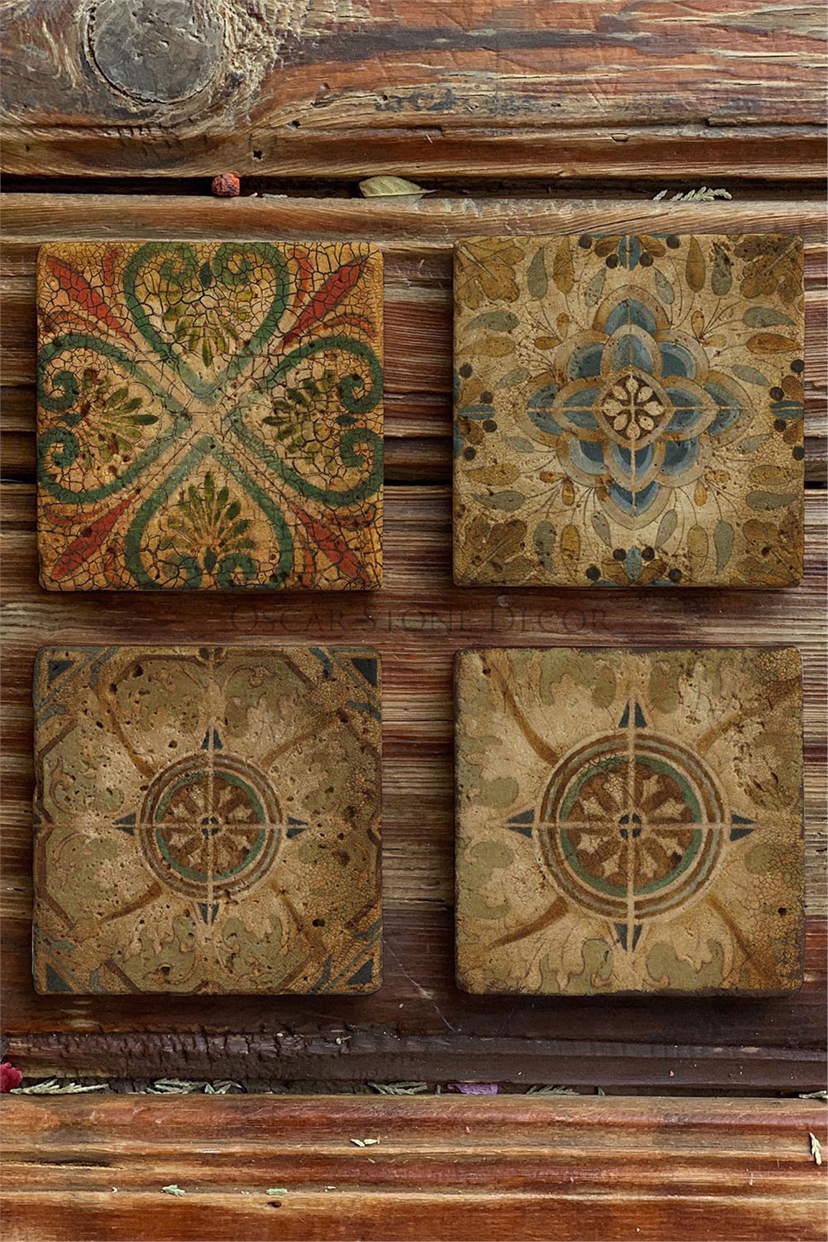 Oscar Stone Decor Baskılı Doğaltaş Bardak Altlığı 4'lü Set Desen Tile