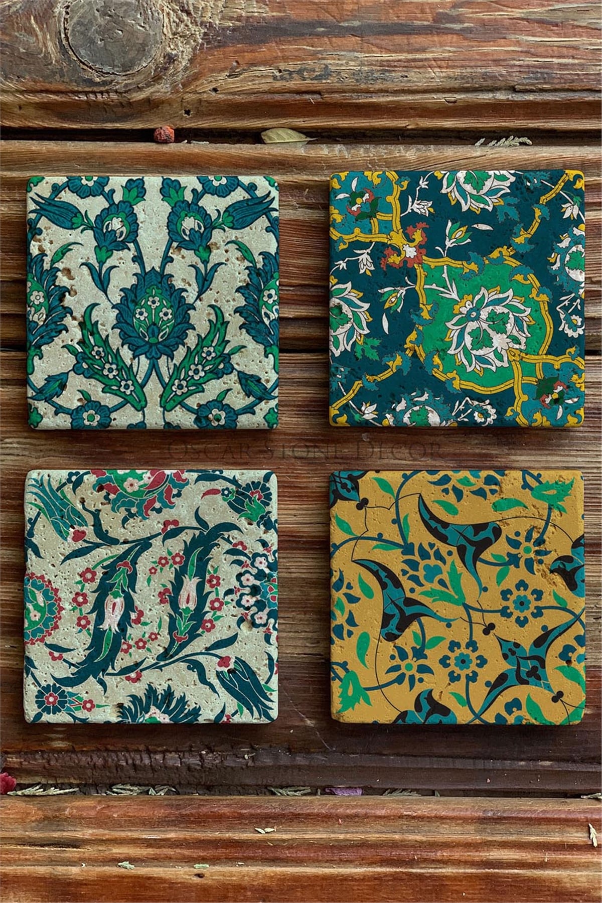 Oscar Stone Decor Baskılı Doğaltaş Bardak Altlığı 4'lü Set Desen Tile