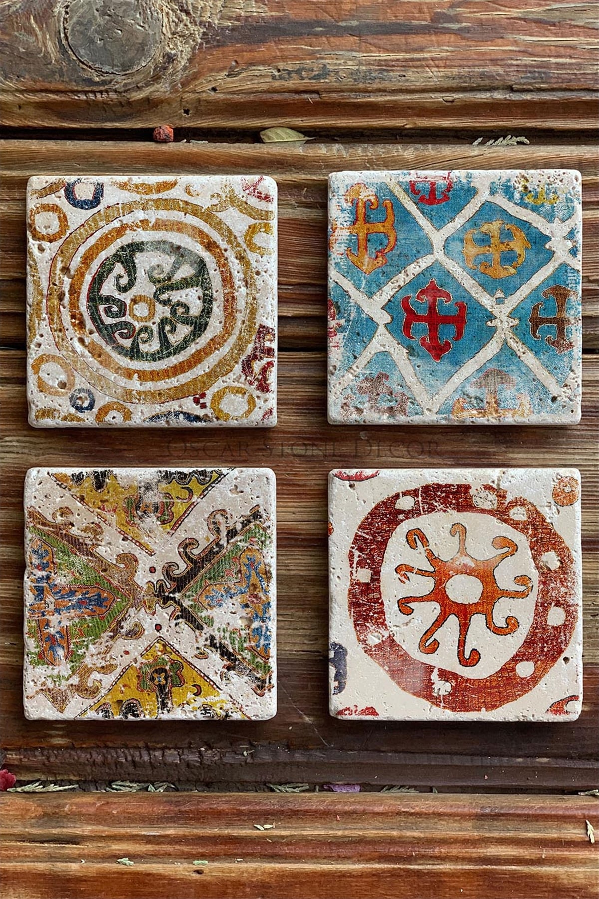 Oscar Stone Decor Baskılı Doğaltaş Bardak Altlığı 4'lü Set Desen Tile