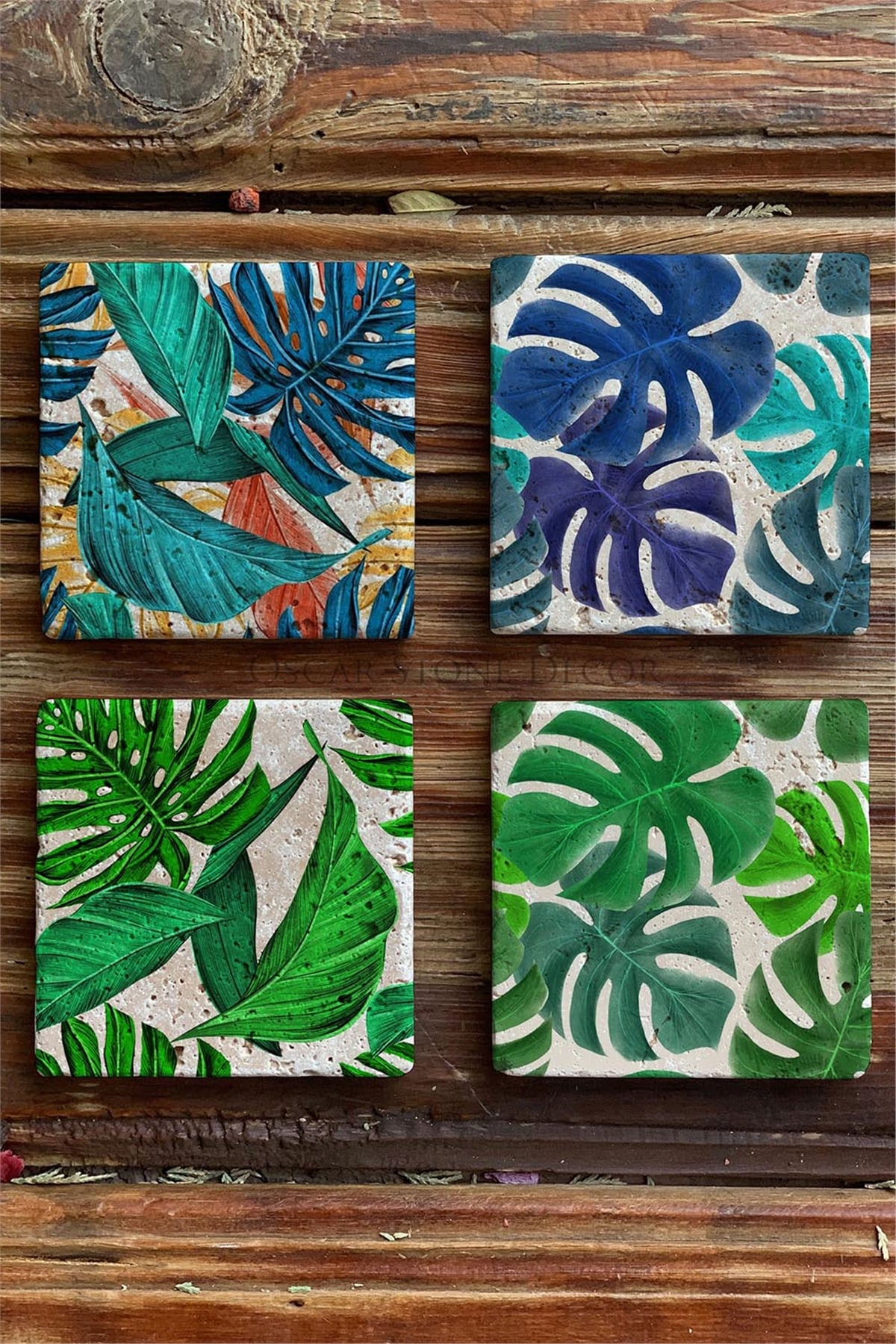 Oscar Stone Decor Baskılı Doğaltaş Bardak Altlığı 4'lü Set Desen Tile