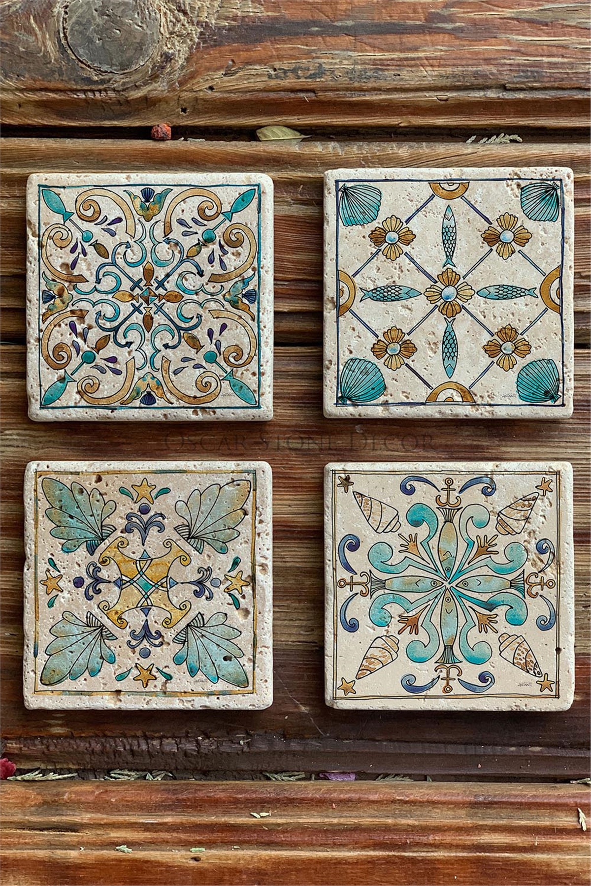 Oscar Stone Decor Baskılı Doğaltaş Bardak Altlığı 4'lü Set Desen Tile