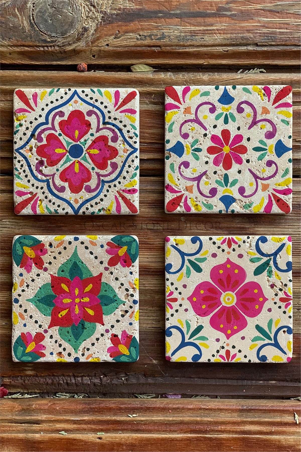 Oscar Stone Decor Baskılı Doğaltaş Bardak Altlığı 4'lü Set  Desen Tile