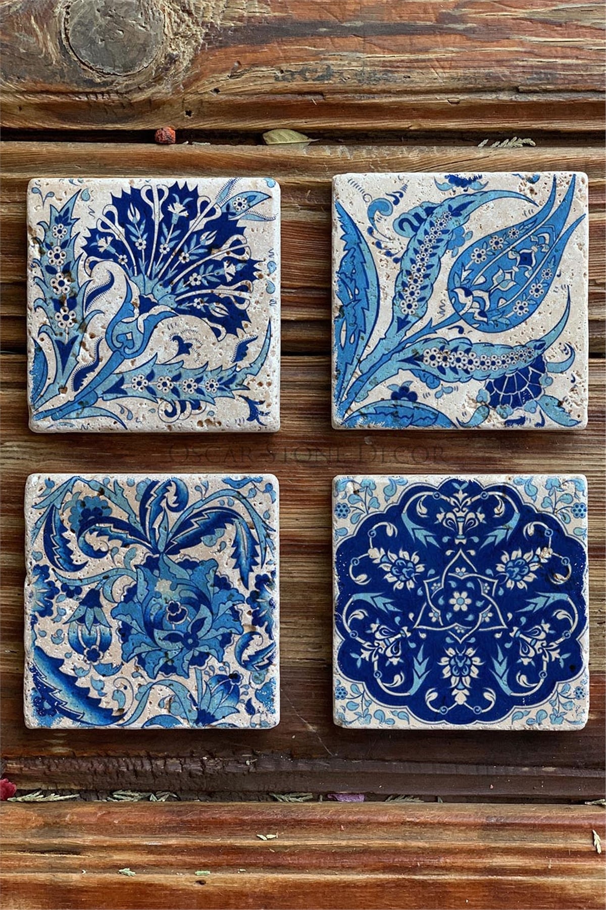 Oscar Stone Decor Baskılı Doğaltaş Bardak Altlığı 4'lü Set Desen Tile