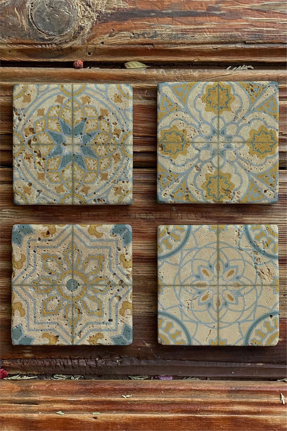 Oscar Stone Decor Baskılı Doğaltaş Bardak Altlığı 4'lü Set Desen Tile