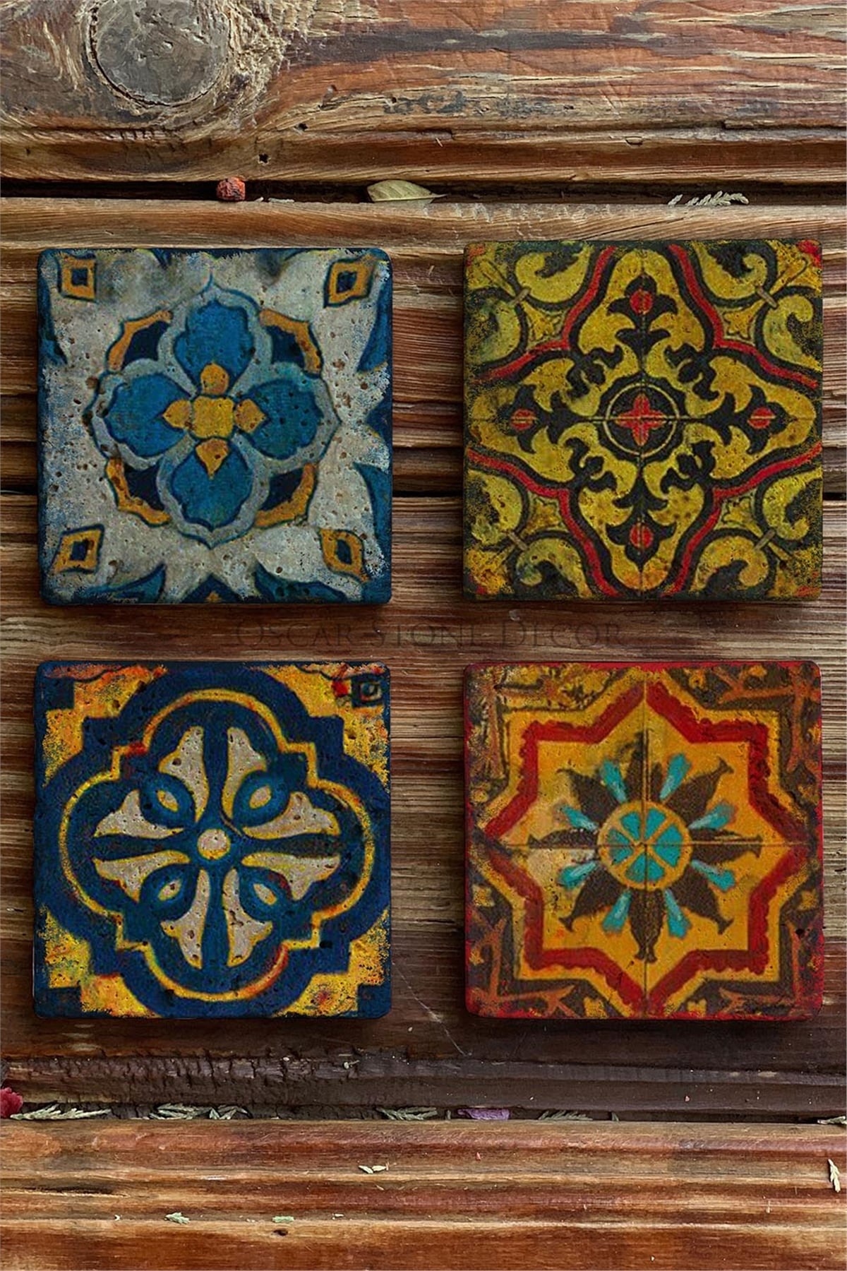 Oscar Stone Decor Baskılı Doğaltaş Bardak Altlığı 4'lü Set Desen Tile